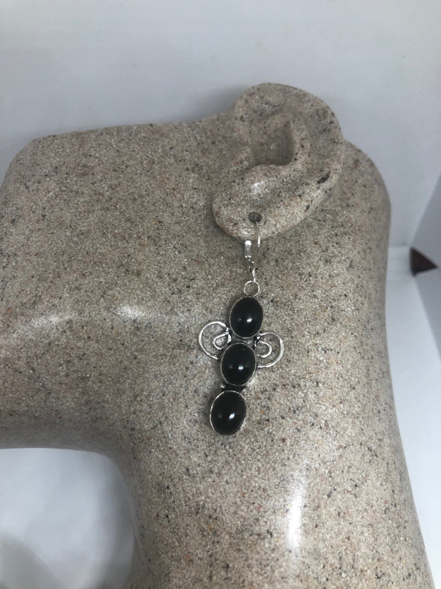 Vintage Silver Earrings | Black Onyx Gemstone | 925 Sterling Silver Antique Style Setting Deco Dangle Multistone Chandelier Earrings