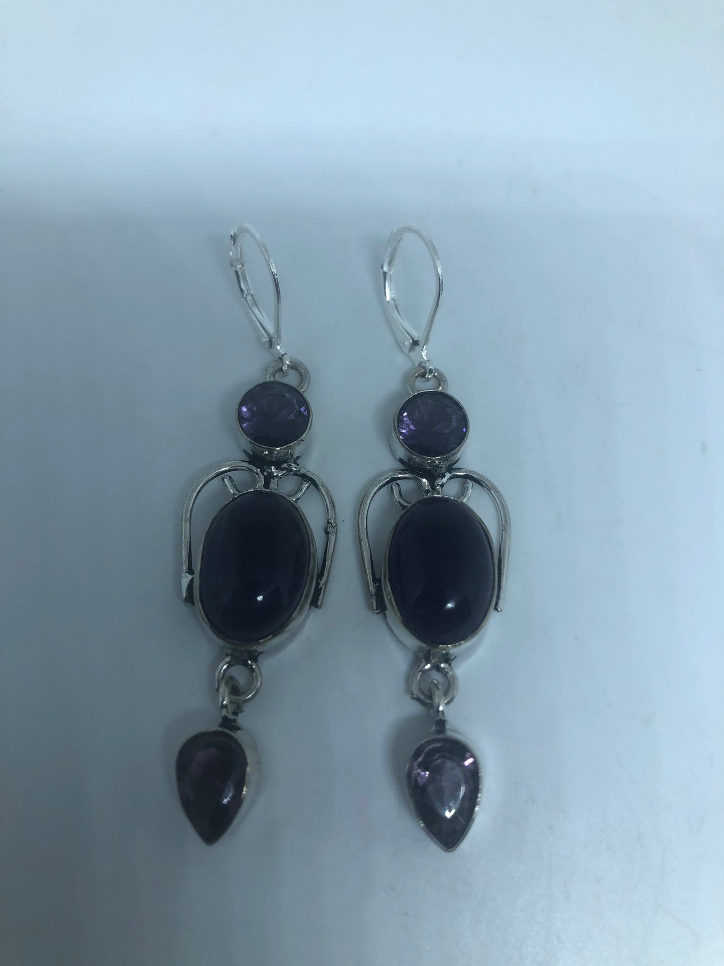 Vintage Silver Earrings | Purple Amethyst Gemstone Antique Style Setting 925 Sterling Silver Leverback Dangle Drop Earrings