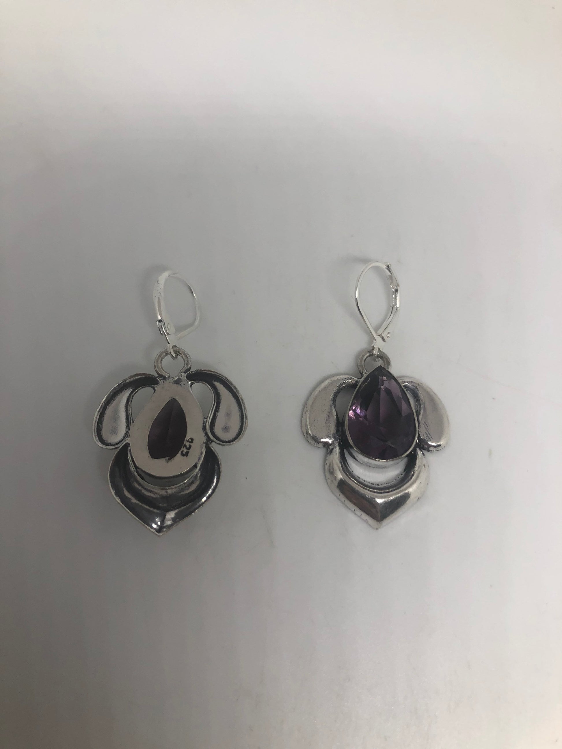 Vintage Silver Earrings | Purple Amethyst Gemstone Antique Style Setting 925 Sterling Silver Dangle Drop Earrings