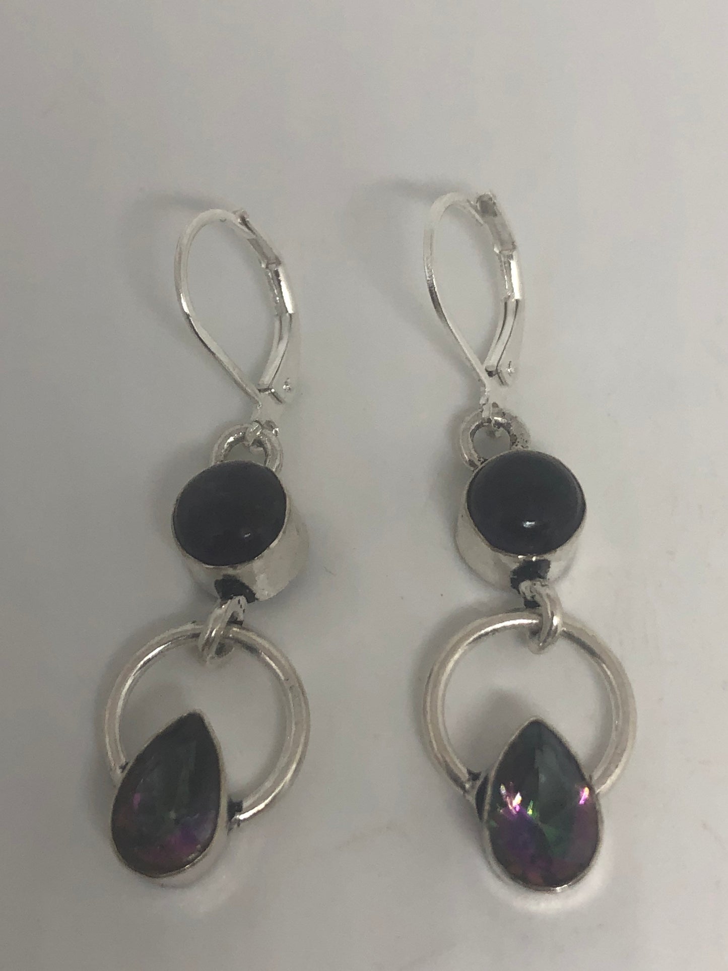 Vintage Silver Earrings | Purple Amethyst Mystic Topaz Gemstone Antique Style Setting 925 Sterling Silver Leverback Dangle Drop Earrings