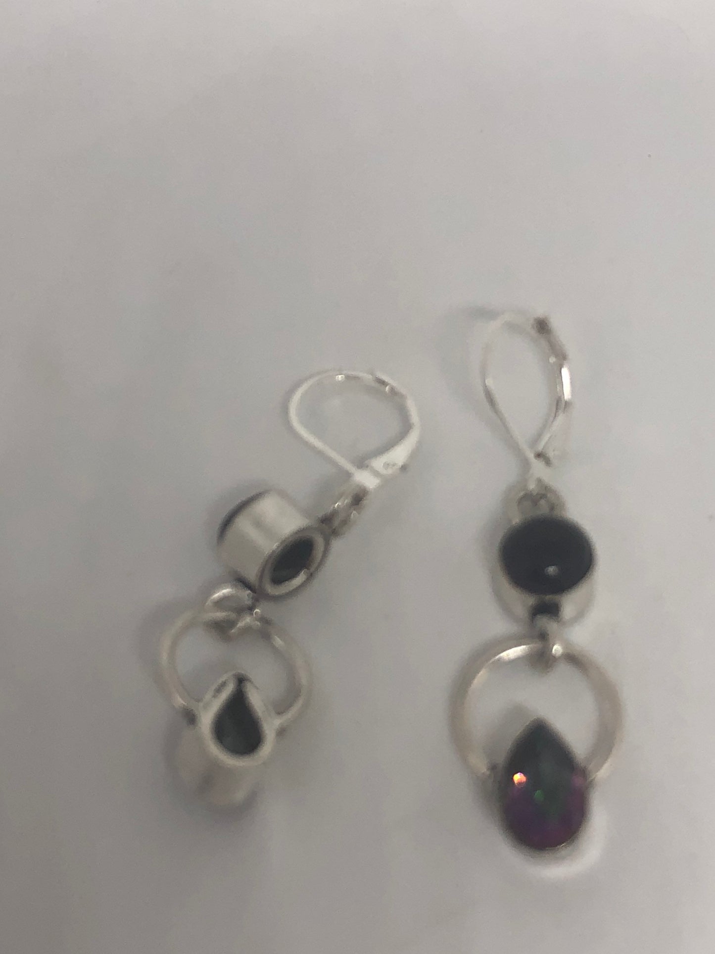 Vintage Silver Earrings | Purple Amethyst Mystic Topaz Gemstone Antique Style Setting 925 Sterling Silver Leverback Dangle Drop Earrings