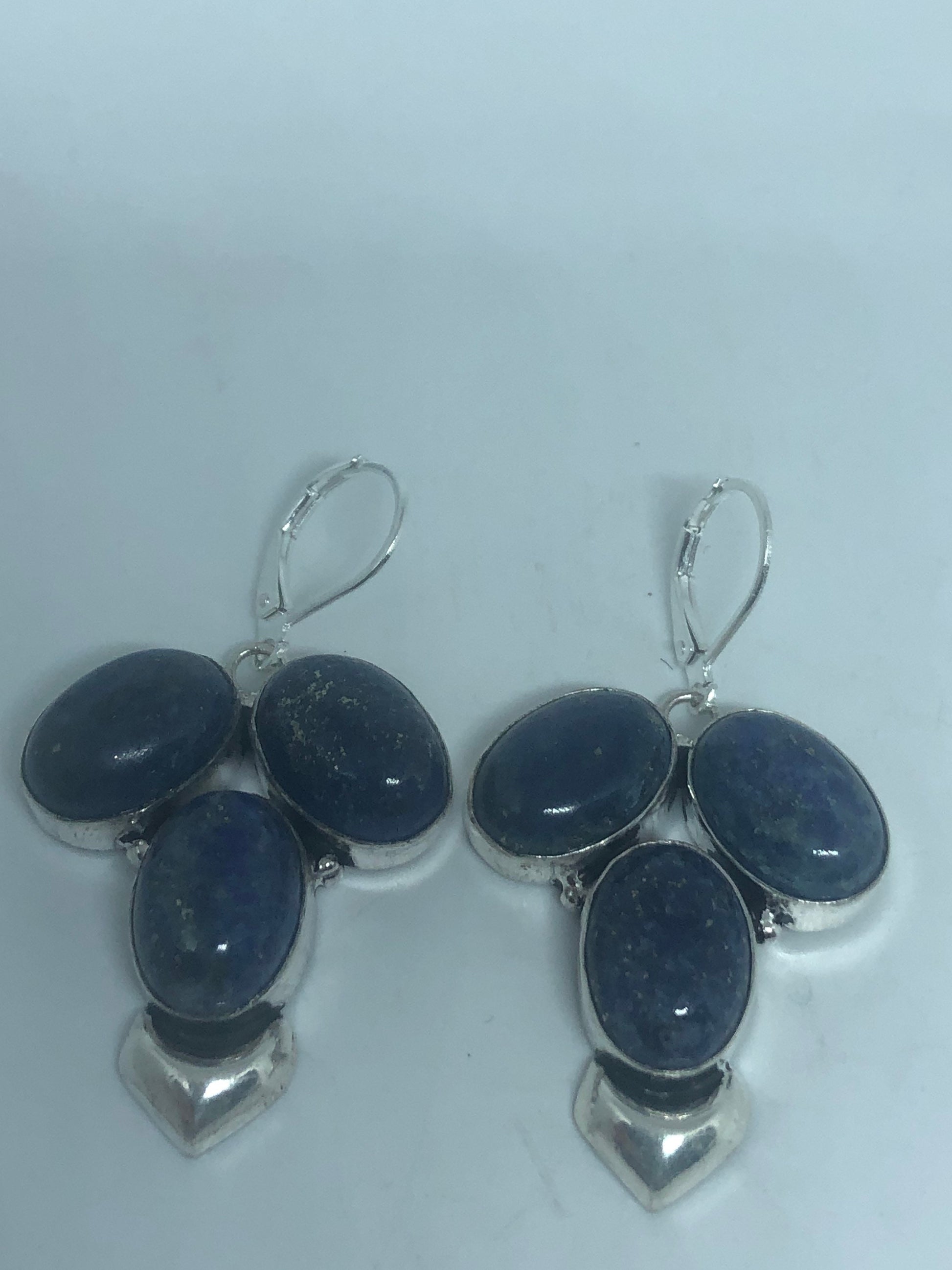 Vintage Silver Earrings | Blue Lapis Lazuli Gemstone Antique Style Silver Setting Dangle Drop Leverback Earrings