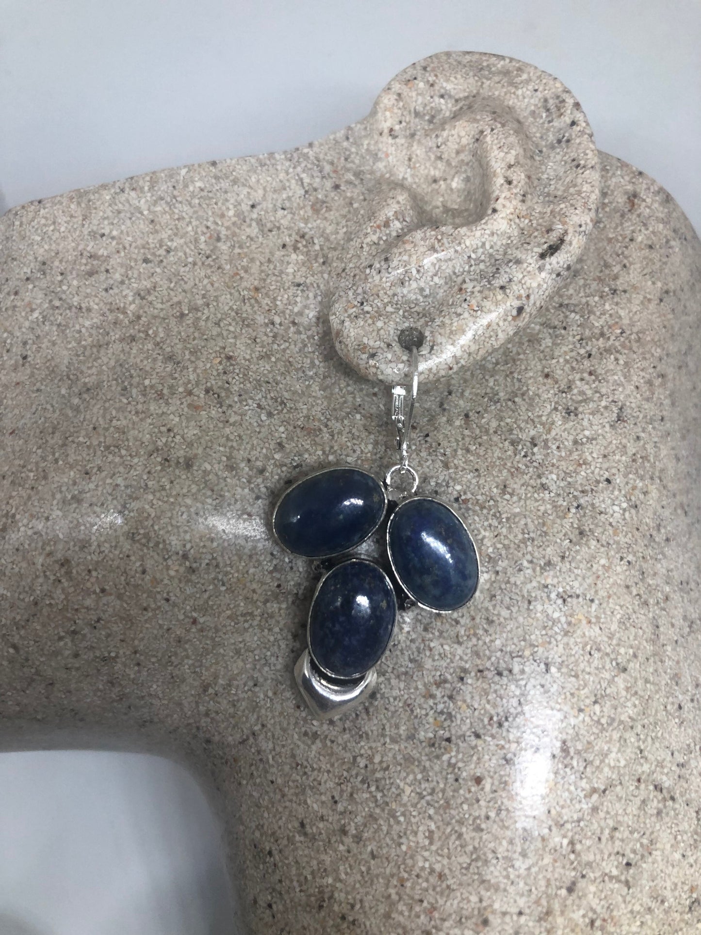 Vintage Silver Earrings | Blue Lapis Lazuli Gemstone Antique Style Silver Setting Dangle Drop Leverback Earrings