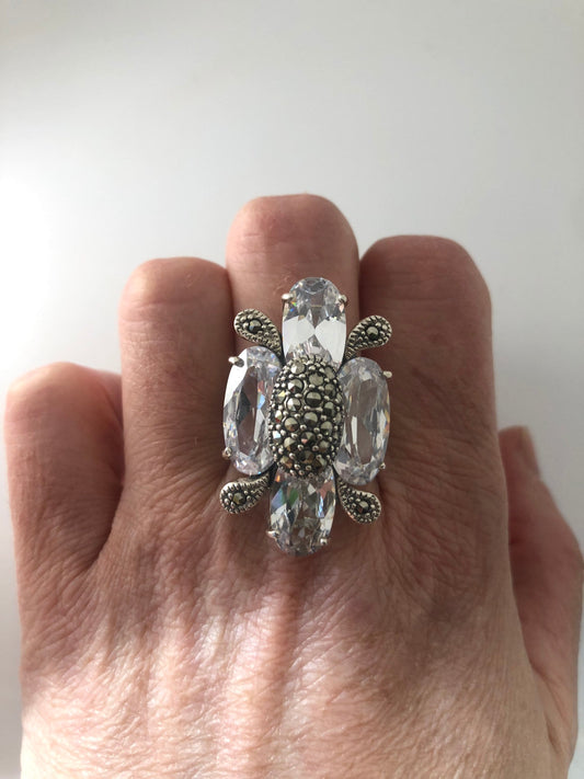 Vintage Marcasite Ring Cubic Zirconia Crystal 925 Sterling Silver Cocktail Statement