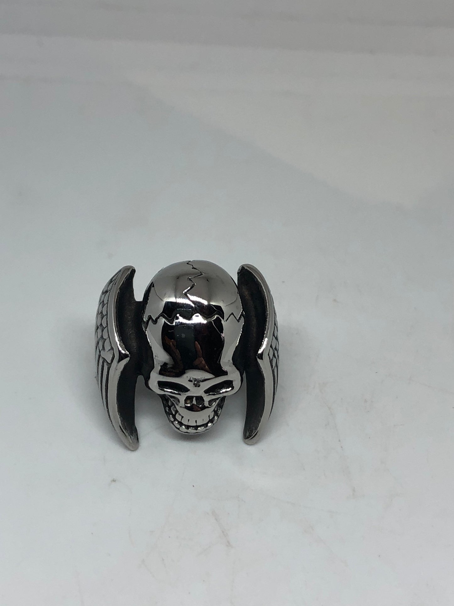 Vintage winged biker Skull Mens Ring Gothic Silver Stainless Steel