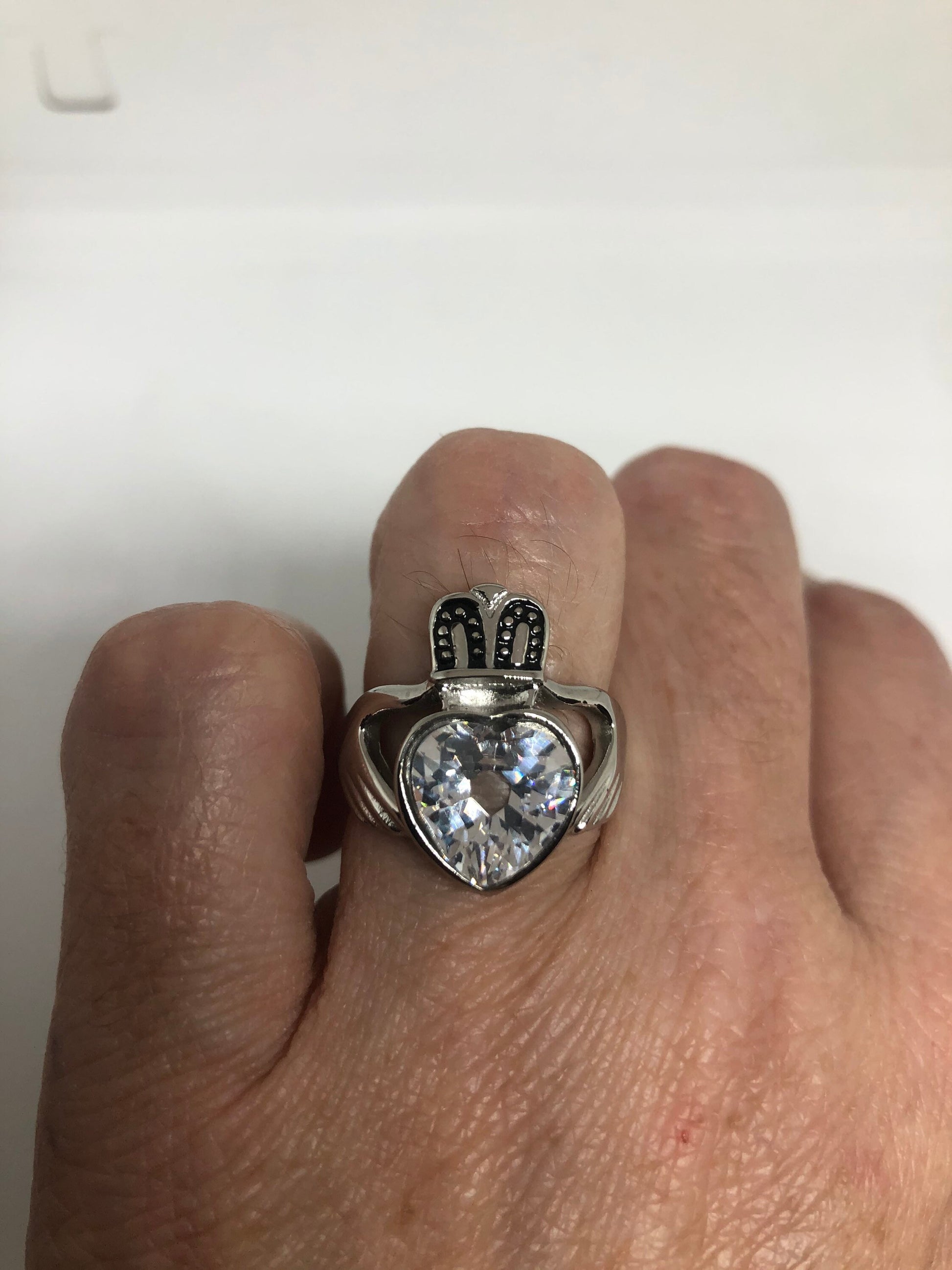 Vintage Celtic claddagh Heart Cubic Zirconia Silver Stainless Steel Band Ring