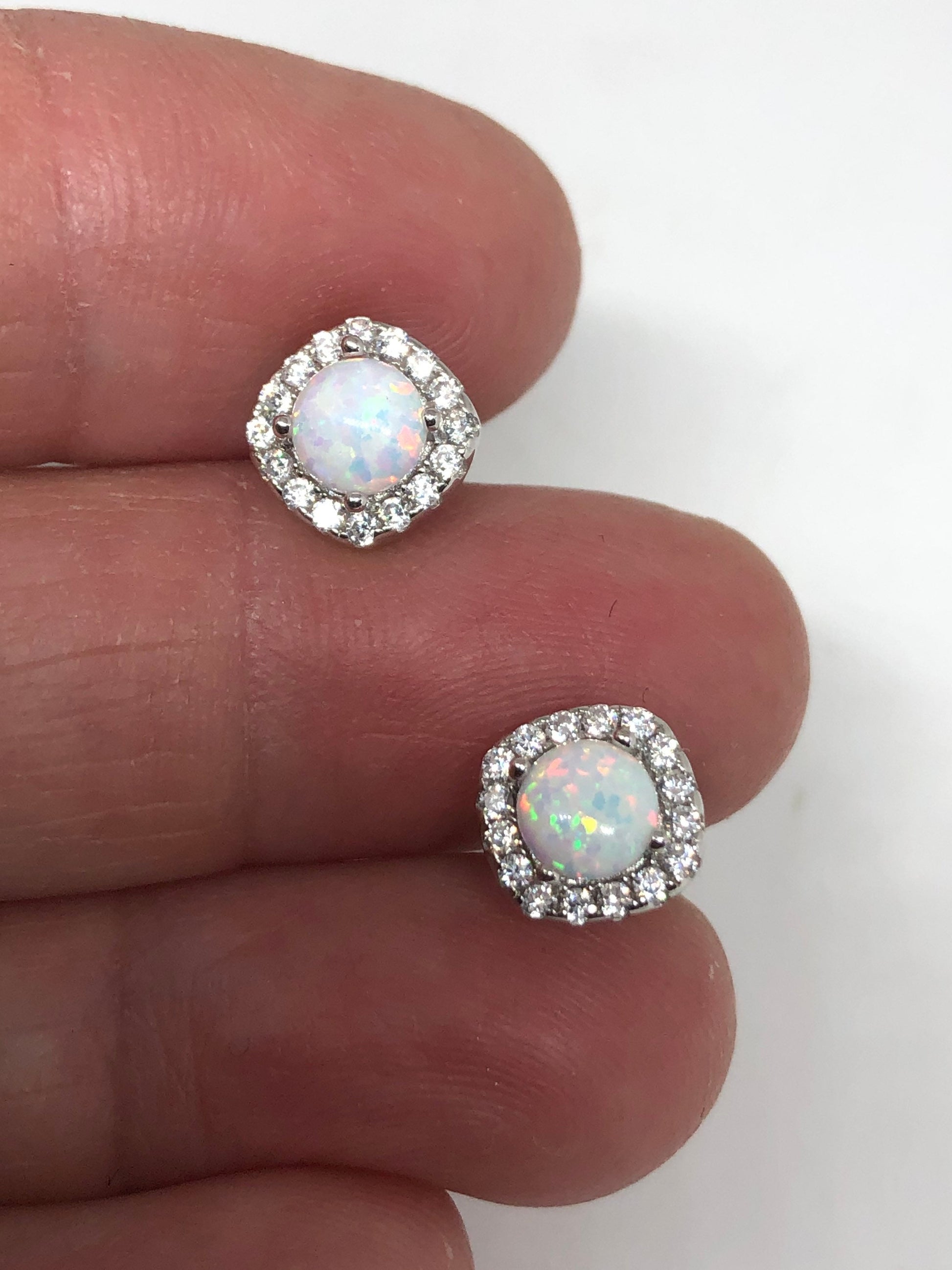 Vintage White Opal Earrings 925 Sterling Silver Stud Button