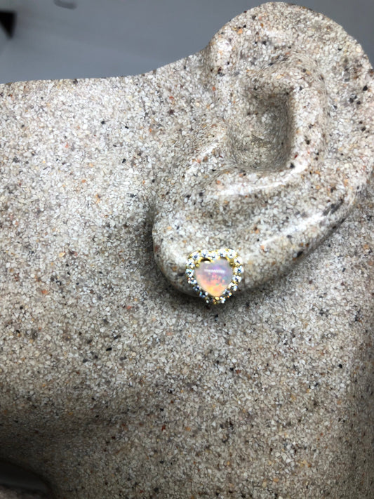 Vintage White Opal HEart Earrings Golden 925 Sterling Silver Stud Button