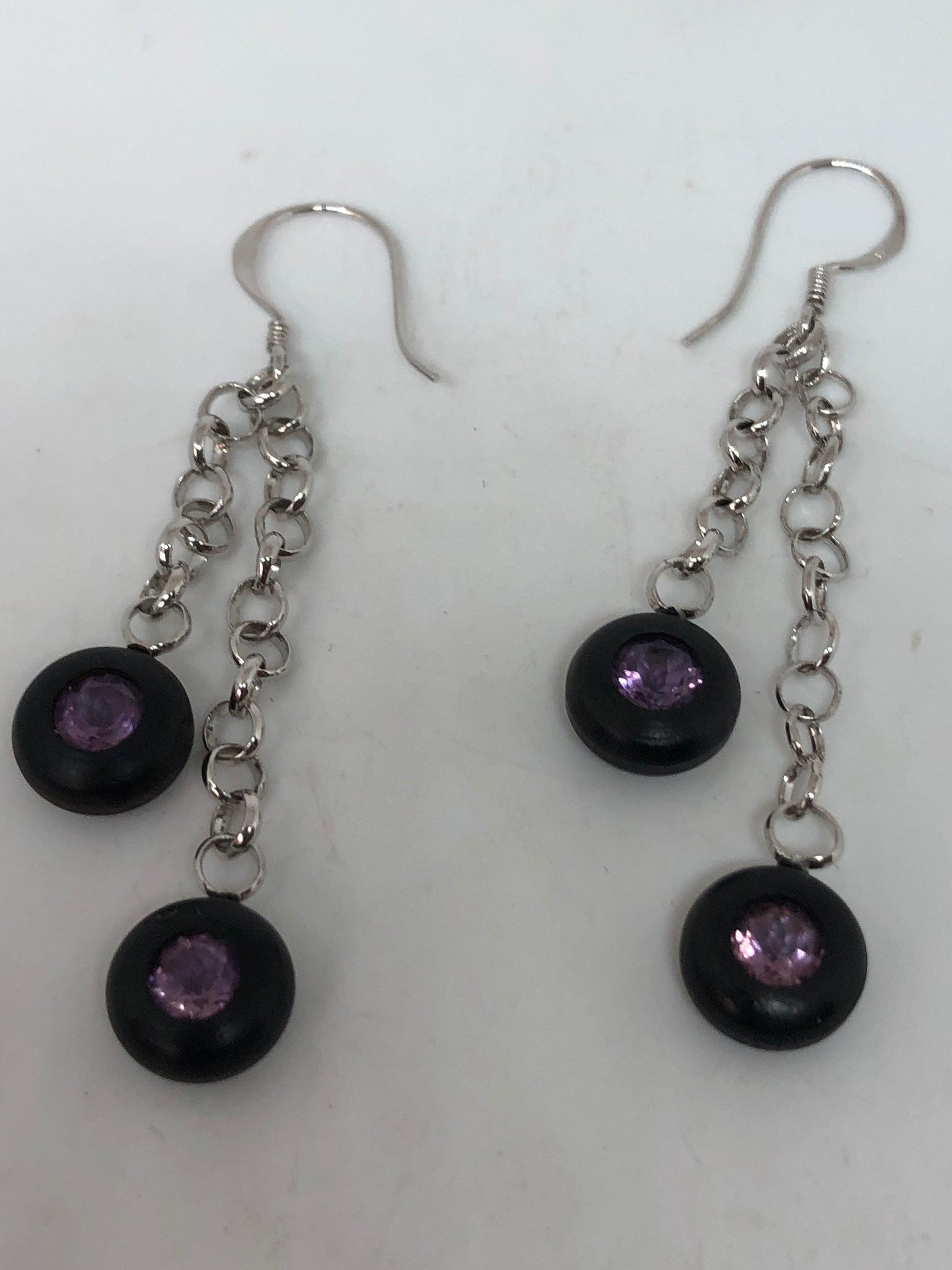 Vintage Amethyst Earrings 925 Sterling Silver Wooden Dangle