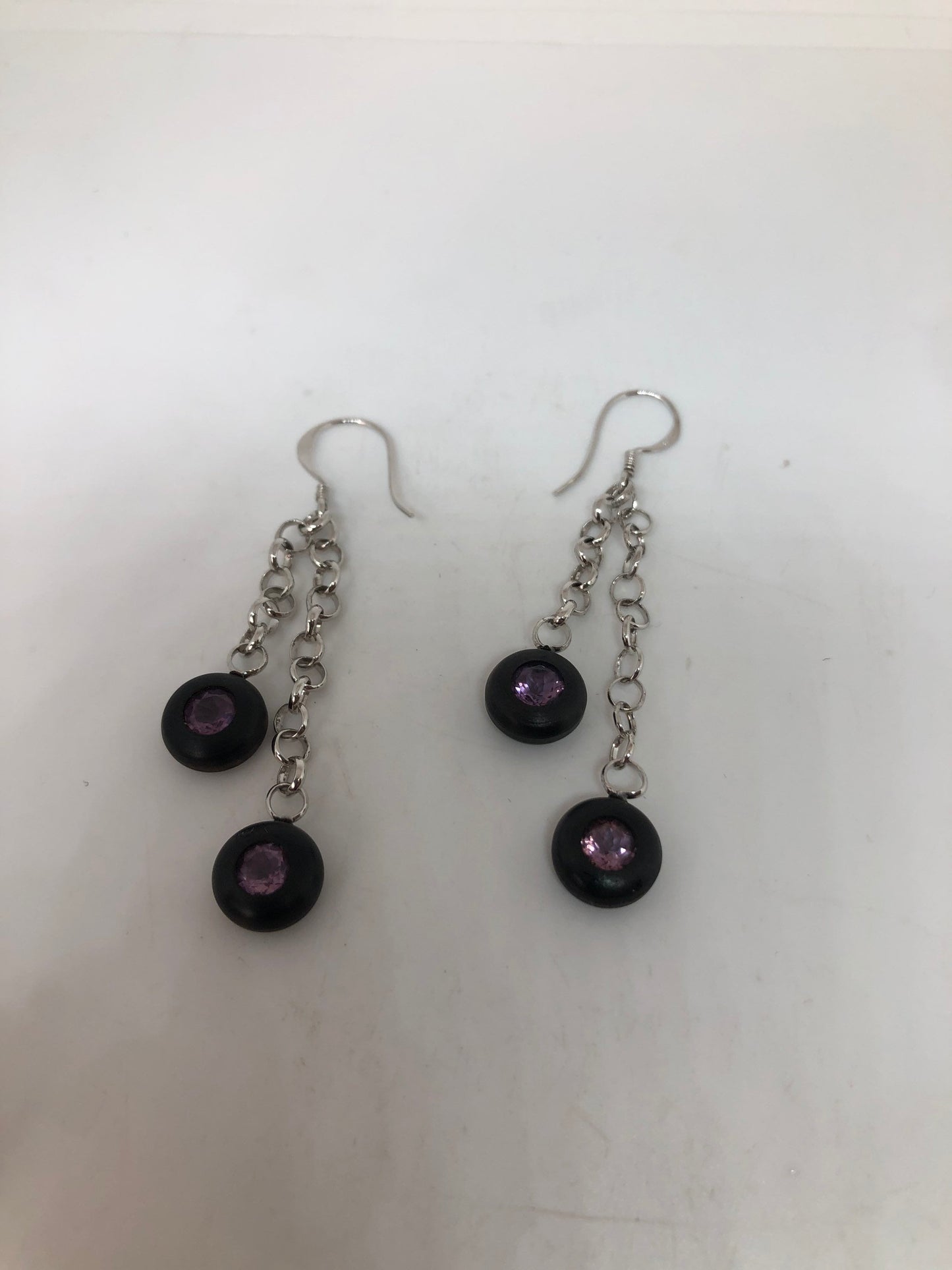 Vintage Amethyst Earrings 925 Sterling Silver Wooden Dangle