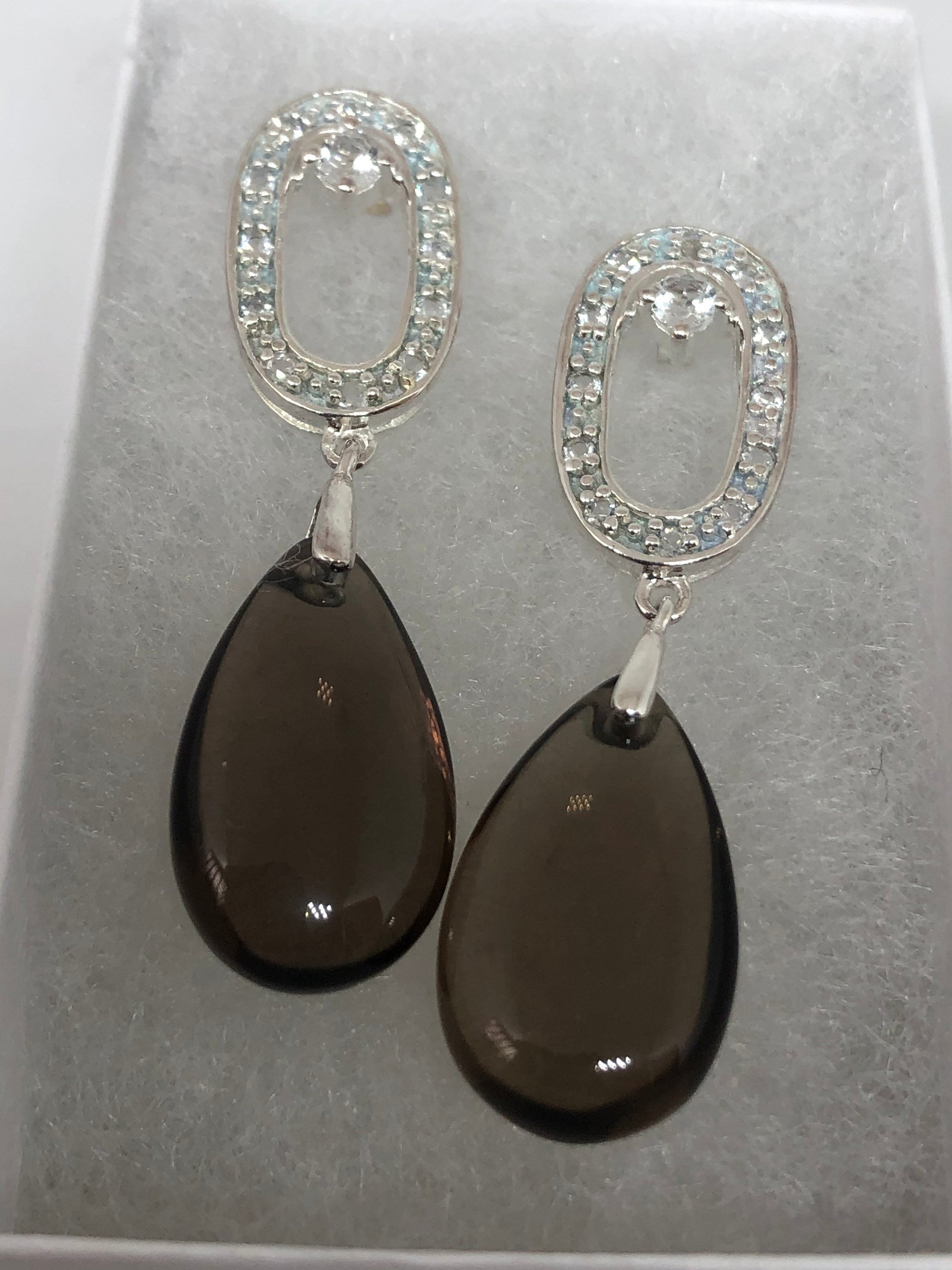 Vintage Genuine White Sapphire Smoky Quartz 925 Sterling Silver Dangle Earrings