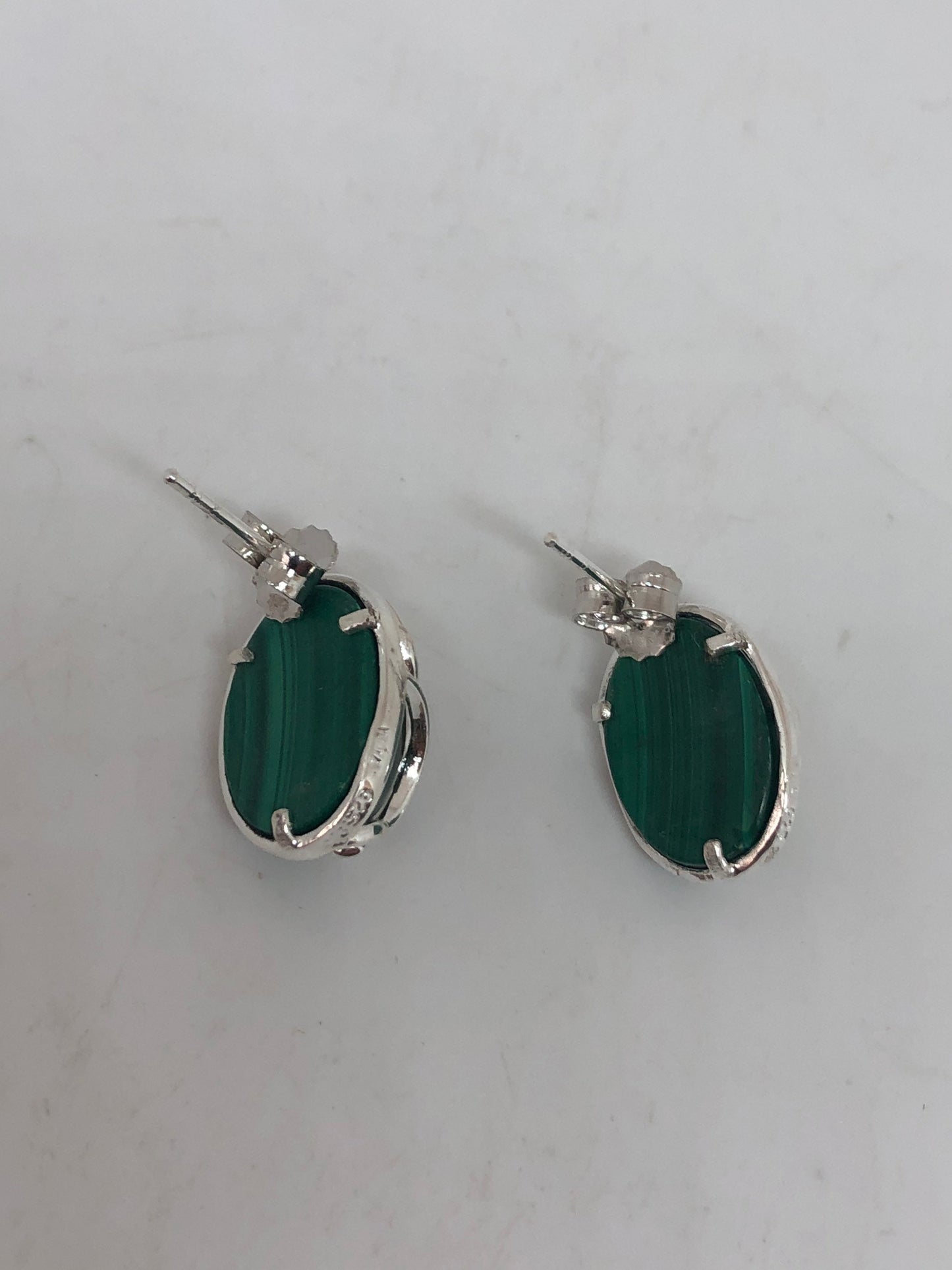 Vintage Handmade 925 Sterling Silver Green malachite and Ruby Stud Earrings