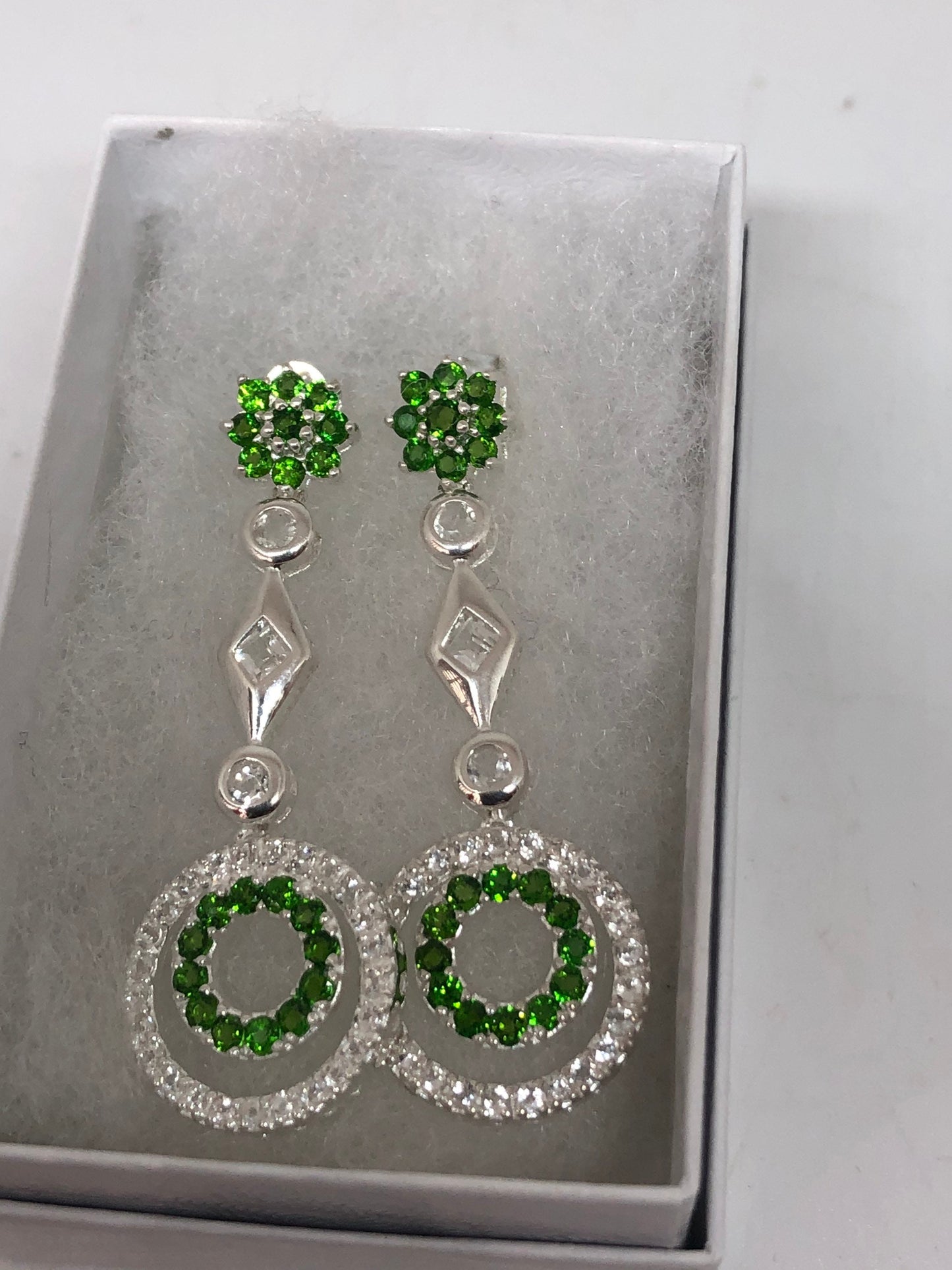 Vintage 925 Sterling Silver Chrome Diopside White Sapphire Chandelier Earrings