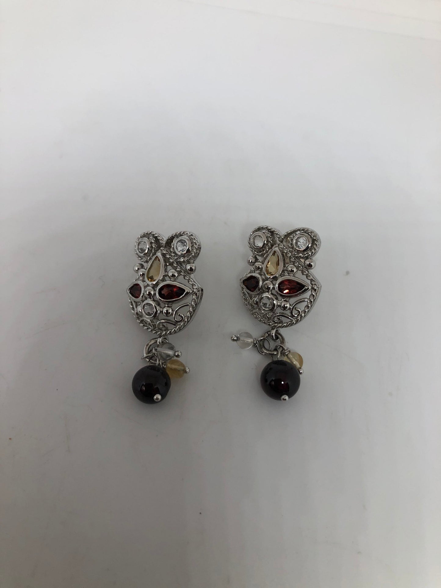 Vintage Handmade 925 Sterling Silver Bohemian Garnet Flower Drop Earrings