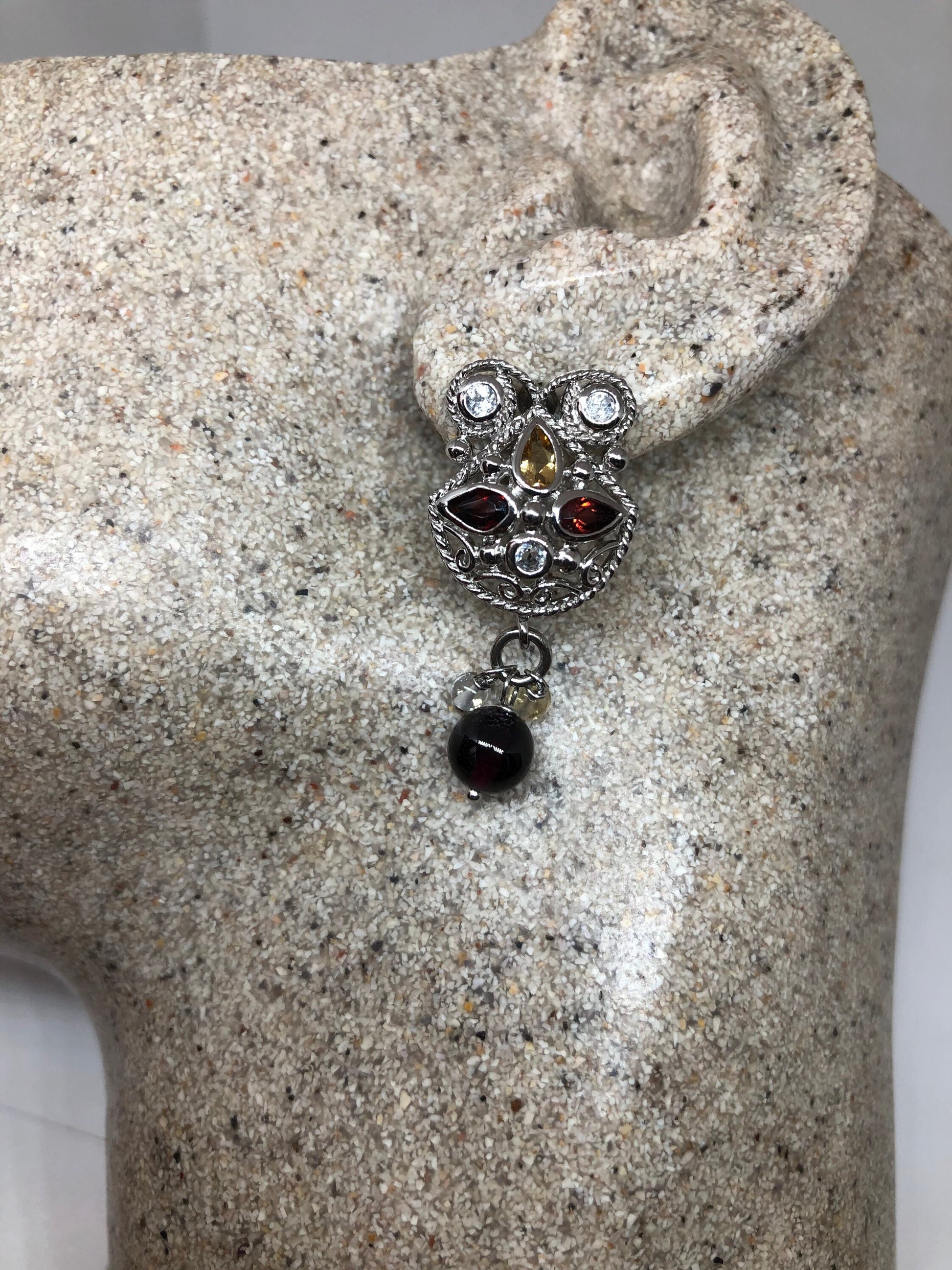 Vintage Handmade 925 Sterling Silver Bohemian Garnet Flower Drop Earrings