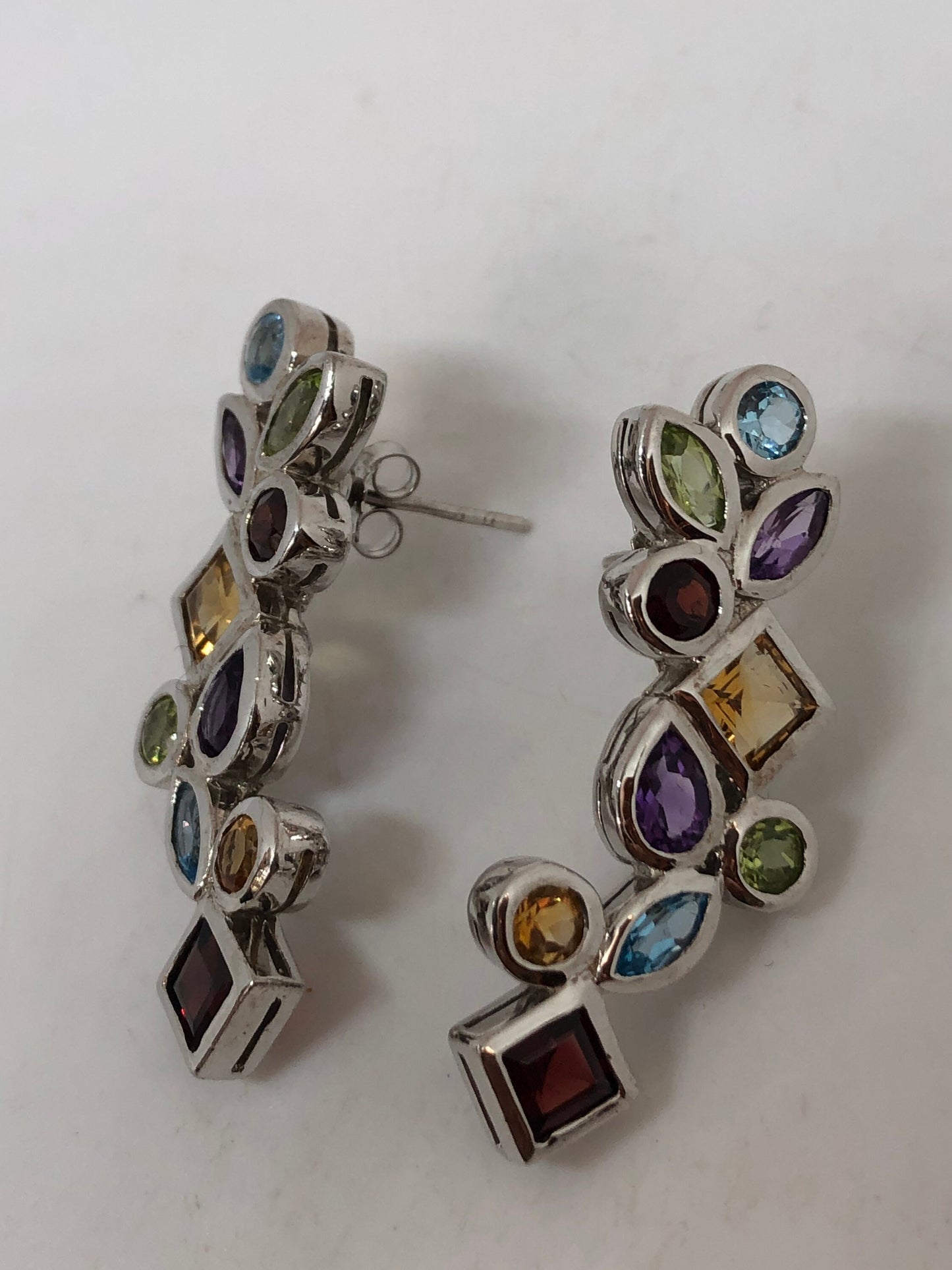 Vintage Mixed Genuine Gemstone Filigree 925 Sterling Silver Dangle button Earrings