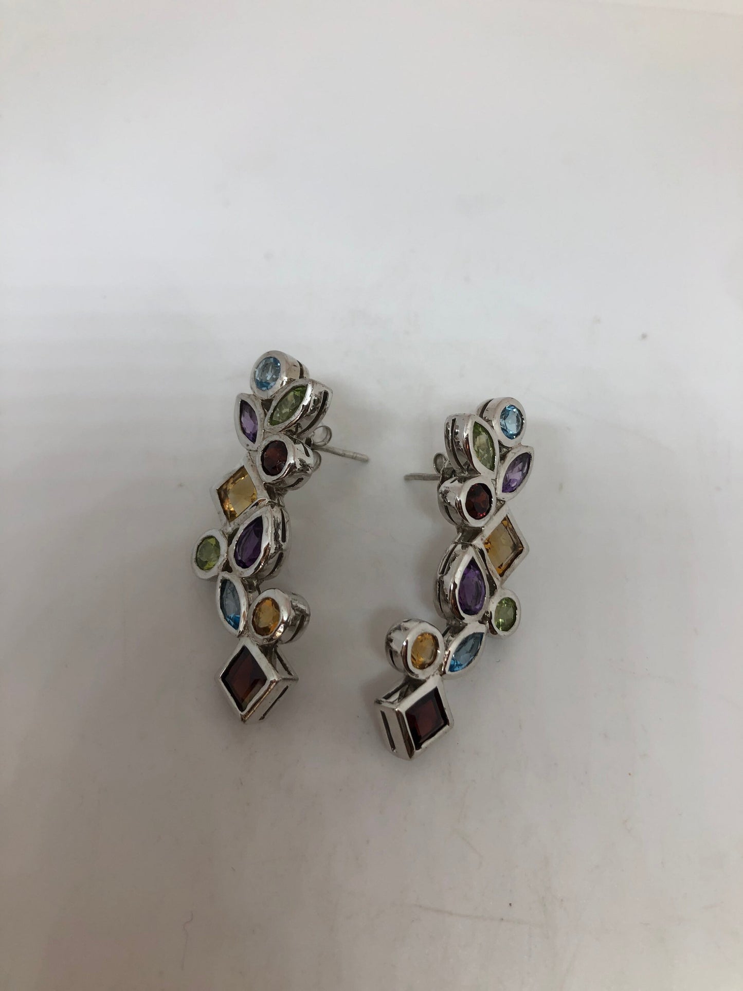 Vintage Mixed Genuine Gemstone Filigree 925 Sterling Silver Dangle button Earrings