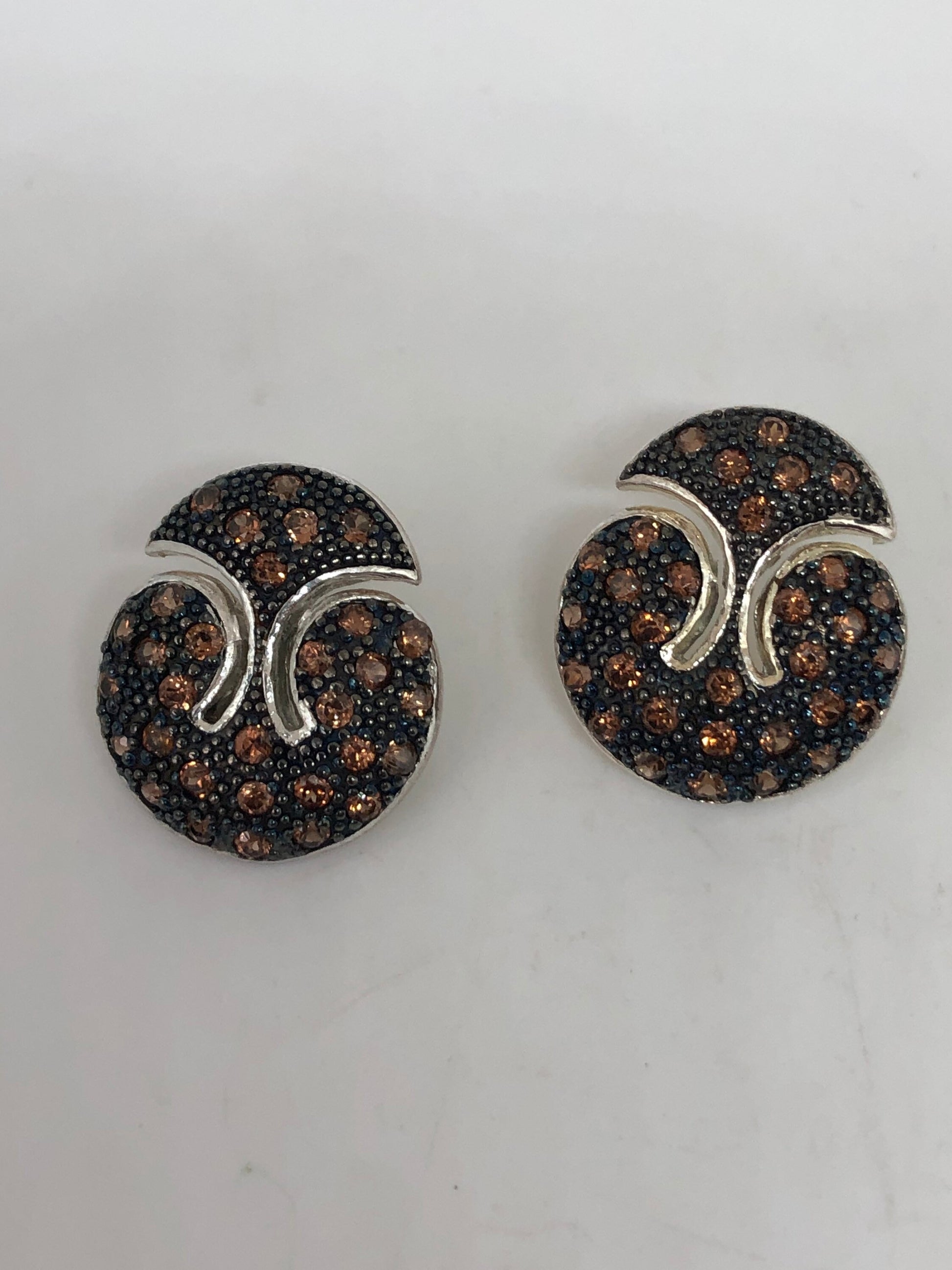 Vintage Brown Smoky Topaz 925 Sterling Silver Stud button Earrings