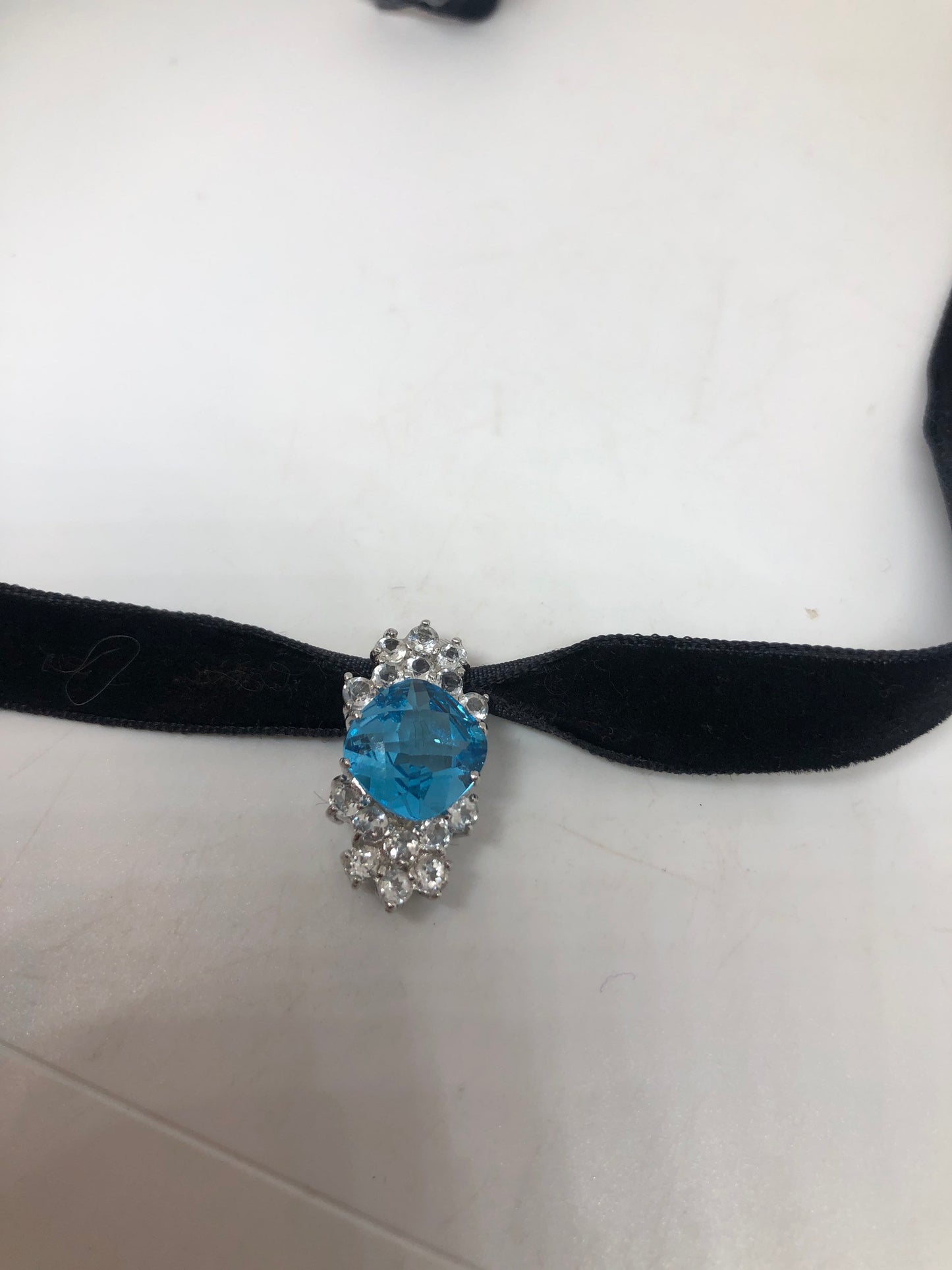 Vintage Blue Topaz Choker 925 Sterling Silver Necklace Pendant