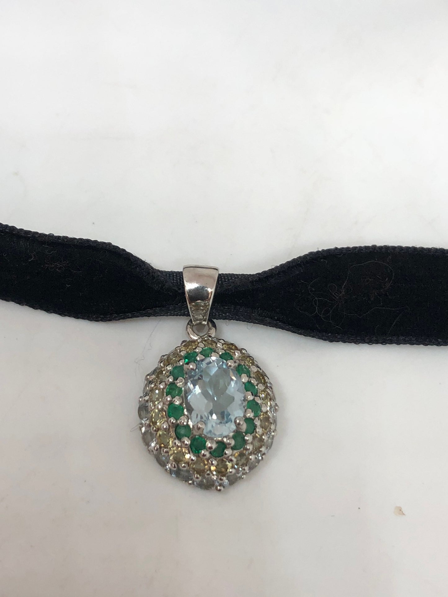 Vintage Blue Topaz Emerald Citrine Choker 925 Sterling Silver Necklace Pendant