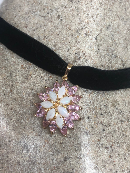 Vintage Opal Pink CZ Choker Sterling Silver Pendant Necklace