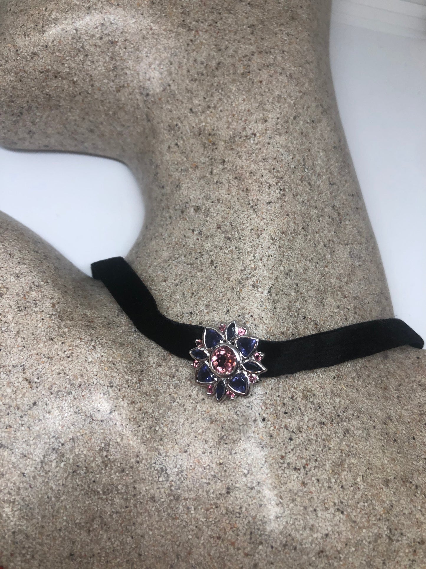 Vintage 925 Sterling Silver Genuine Red Tourmaline Iolite Antique Choker Pendant Necklace