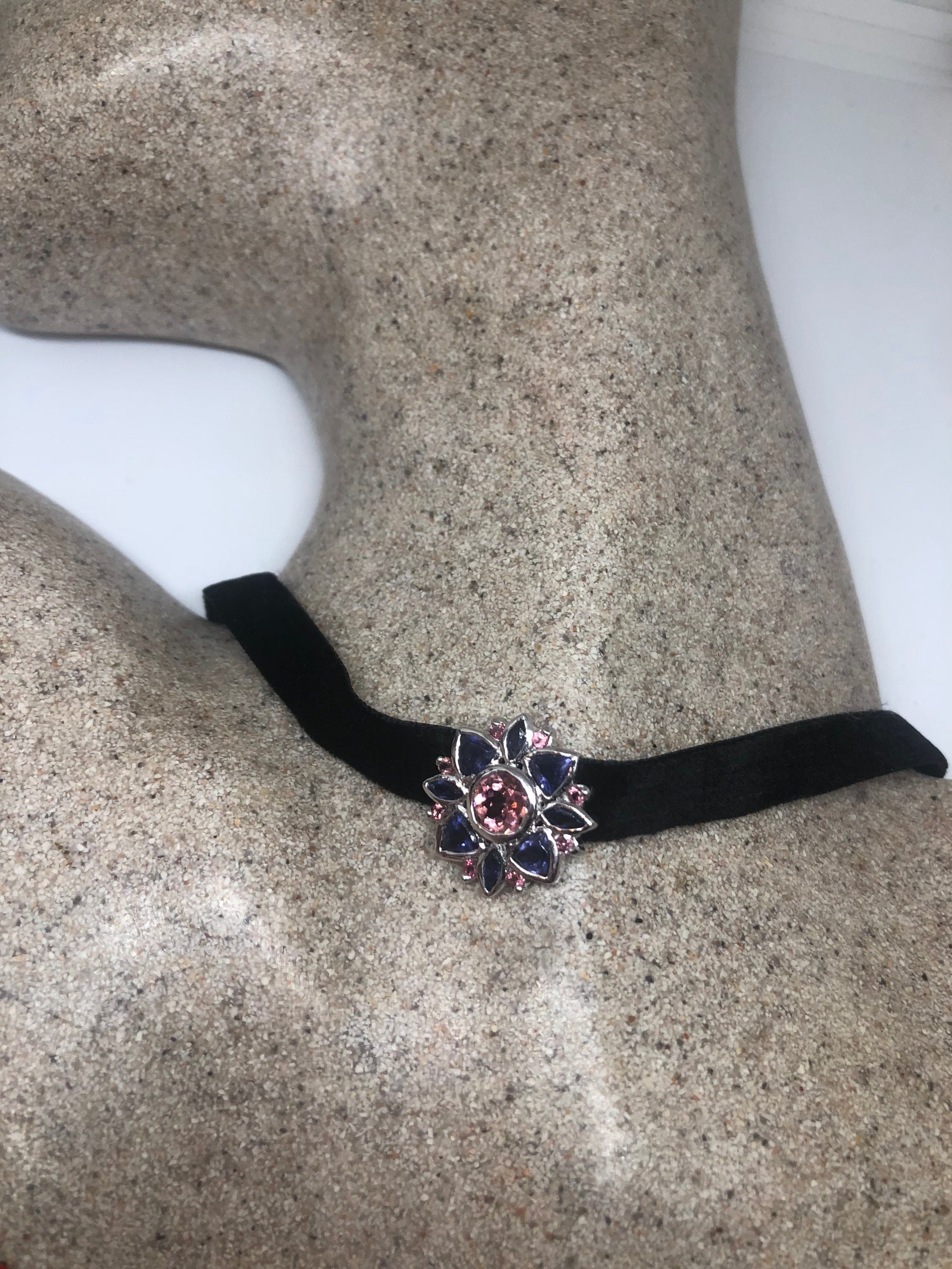 Vintage 925 Sterling Silver Genuine Red Tourmaline Iolite Antique Choker Pendant Necklace