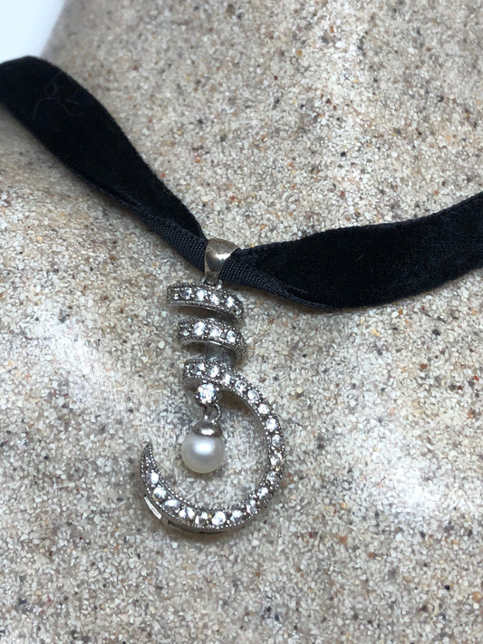 Vintage White Sapphire Pearl Choker 925 Sterling Silver Deco Pendant Necklace