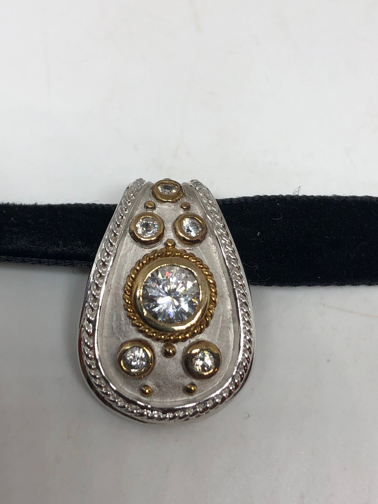 Vintage Cubic Zirconia Choker Gold 925 Sterling Silver Deco Pendant Necklace