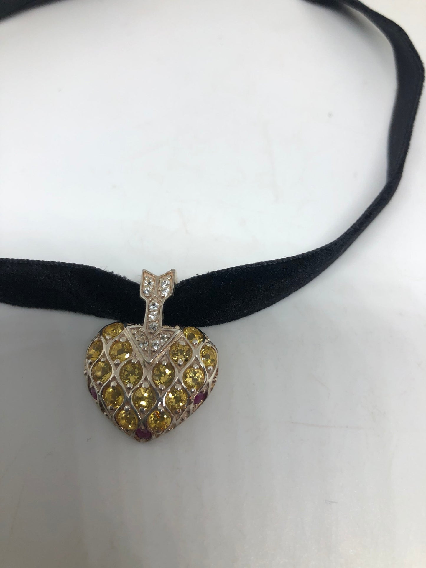 Vintage Golden Citrine Heart Pendant 925 Sterling Silver Choker Necklace