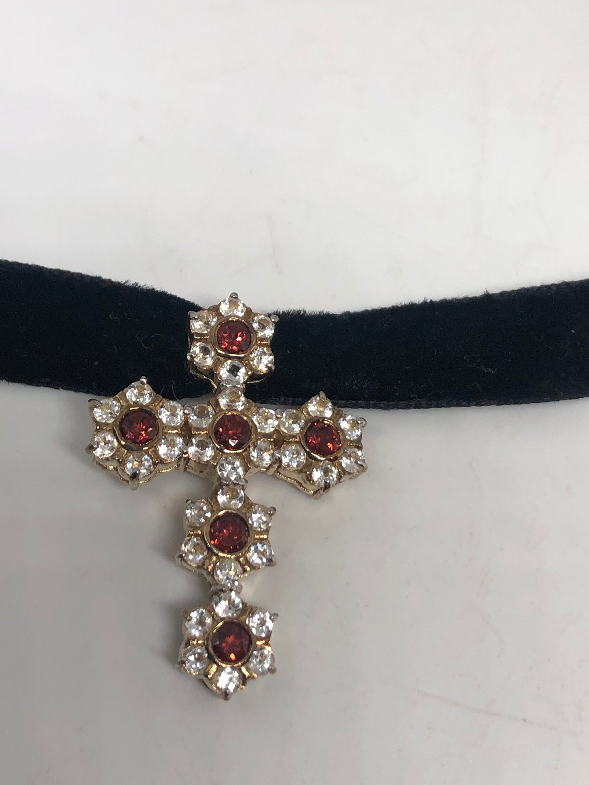 Vintage Bohemian Garnet Cross Choker Golden 925 Sterling Silver Pendant Necklace