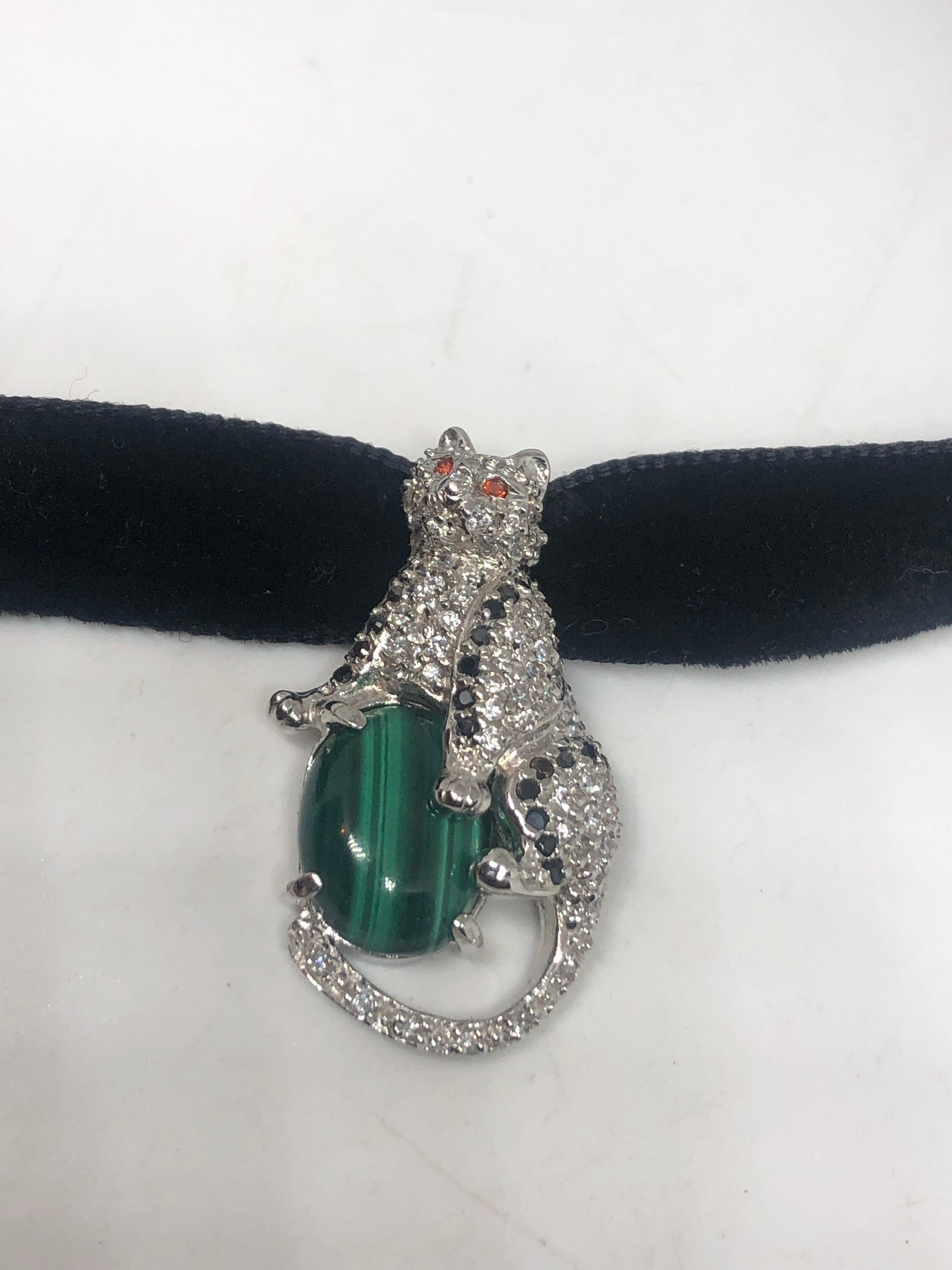Vintage malachite Choker Deco Ruby 925 Sterling Silver Necklace