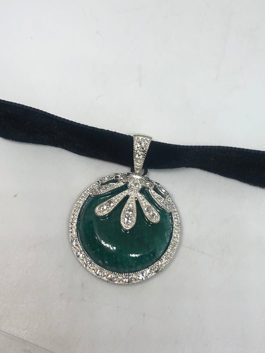 Vintage Green Chysopraise Choker 925 Sterling Silver Pendant Necklace