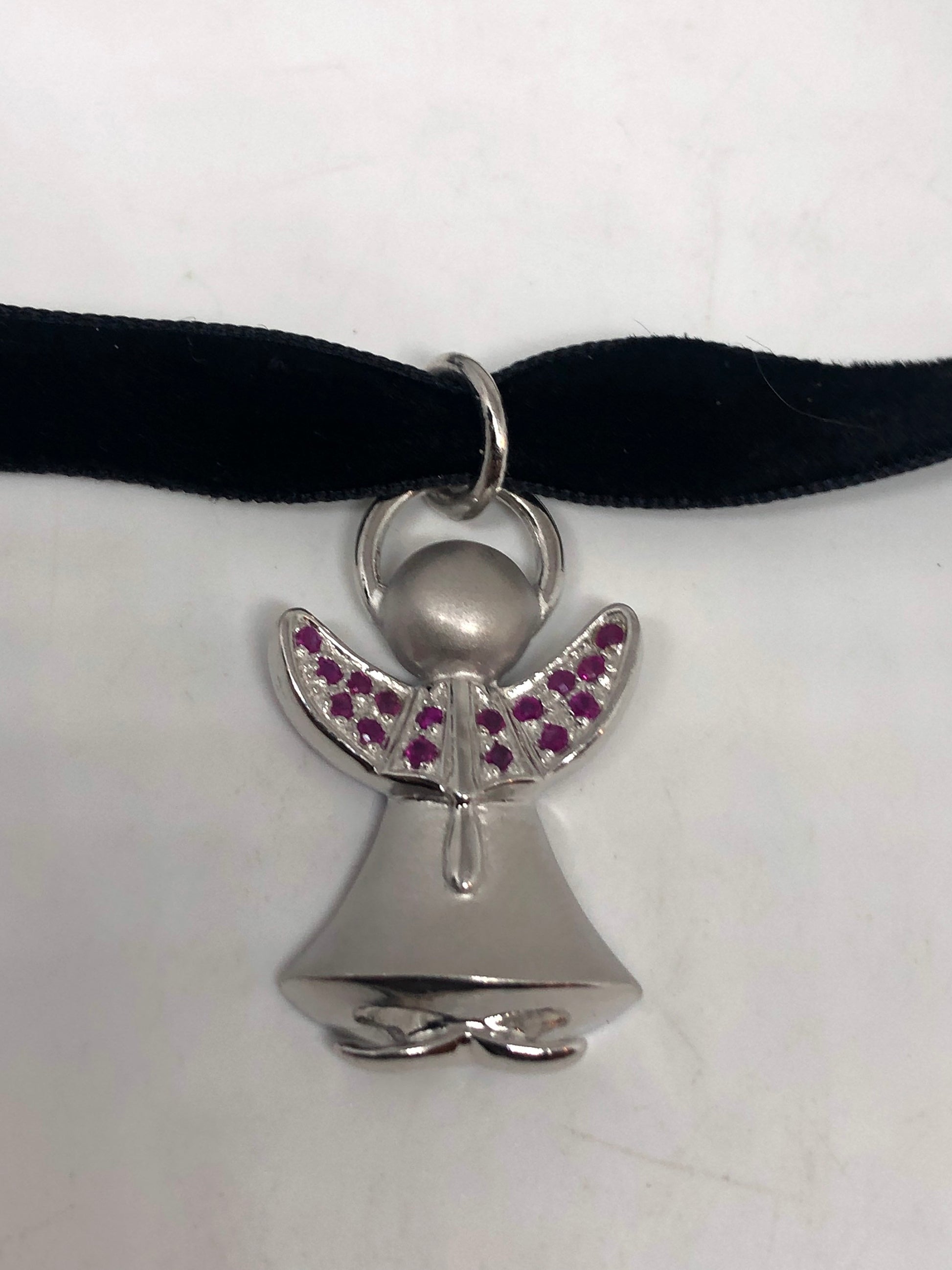 Vintage Ruby Angel Choker 925 Sterling Silver Pendant Necklace