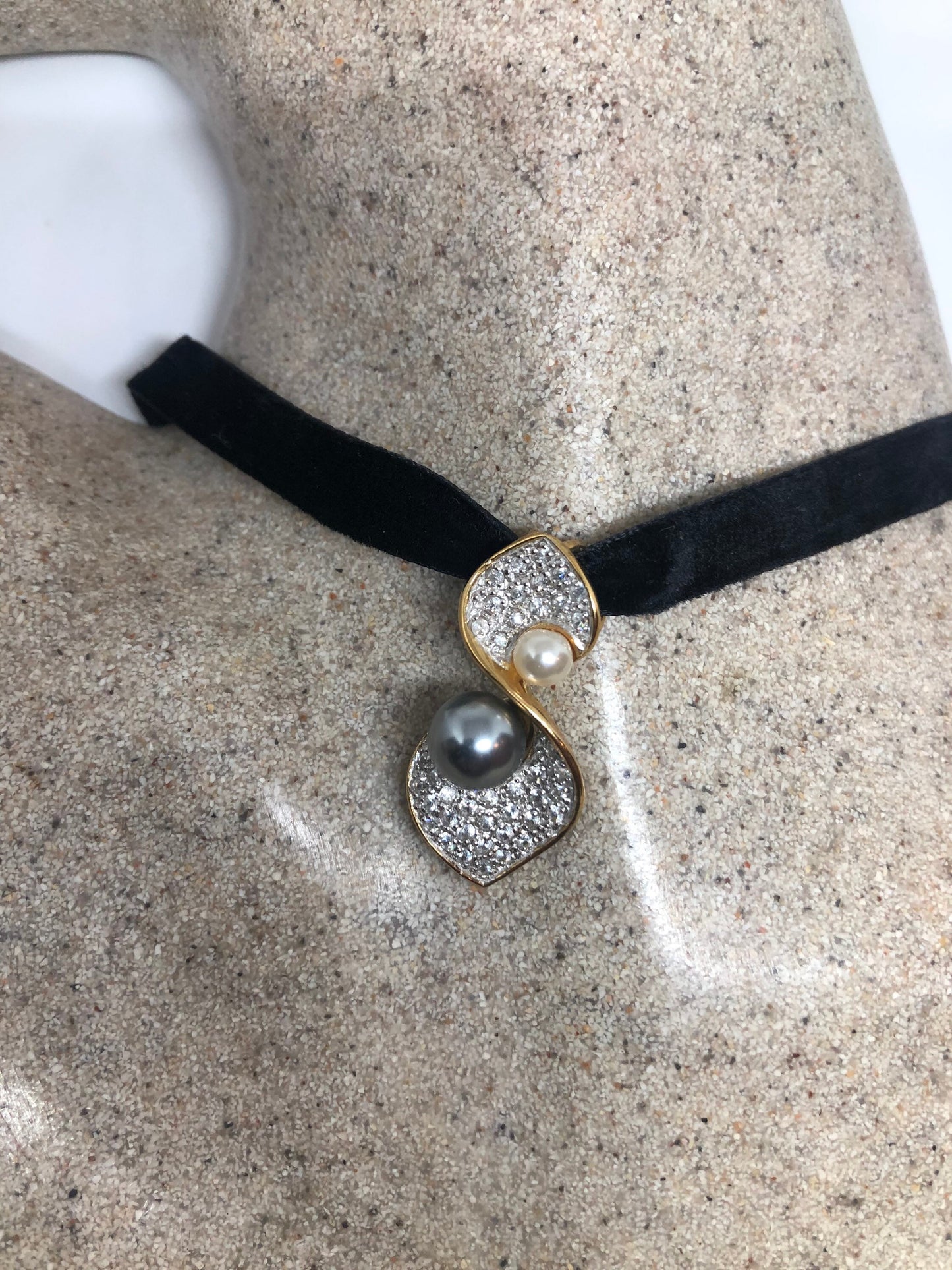 Vintage White Sapphire Pearl Choker Golden 925 Sterling Silver Deco Pendant Necklace
