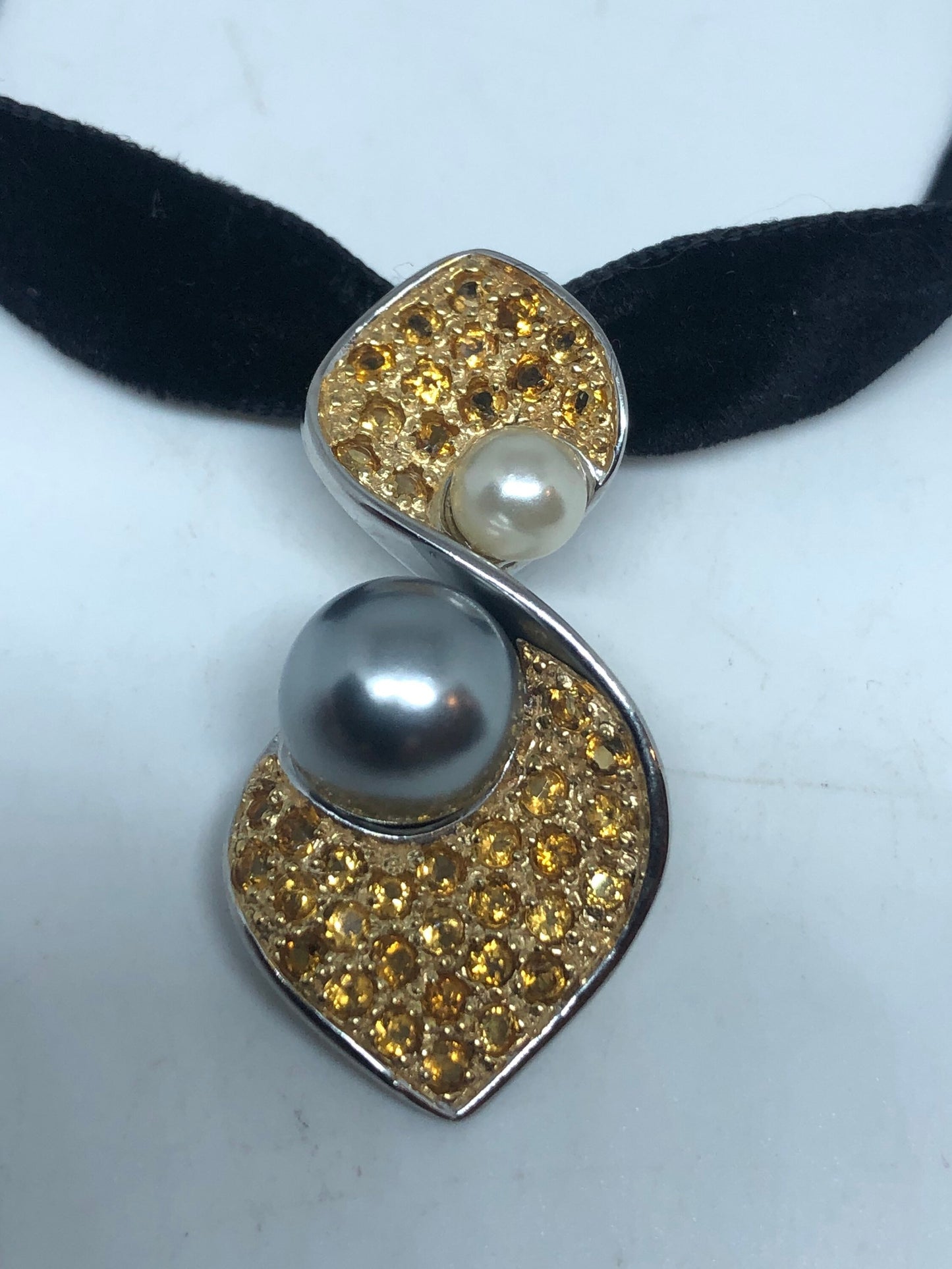 Vintage Citrine Pearl Choker 925 Sterling Silver Deco Pendant Necklace