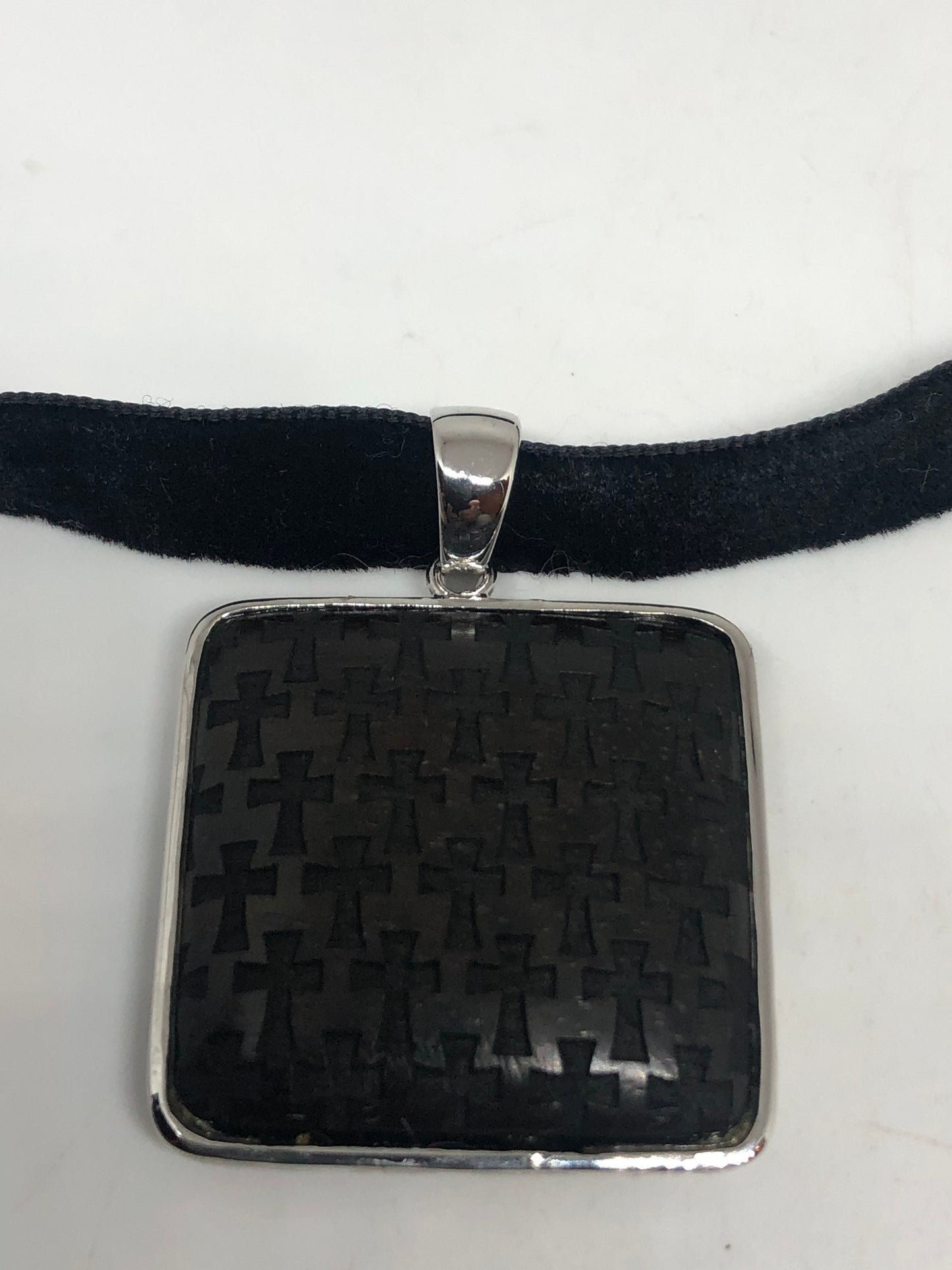 Vintage Cross Necklace, Sterling Silver Black Resin Choker