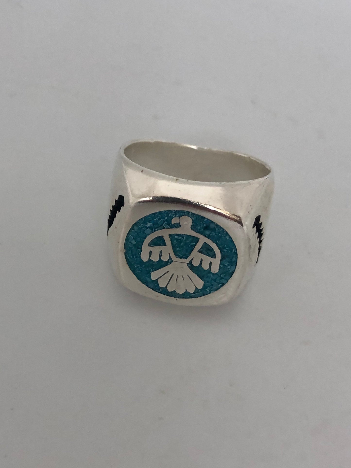 Thunderbird Ring Native American Style Southwestern Turquoise Stone Inlay Mens Ring white background