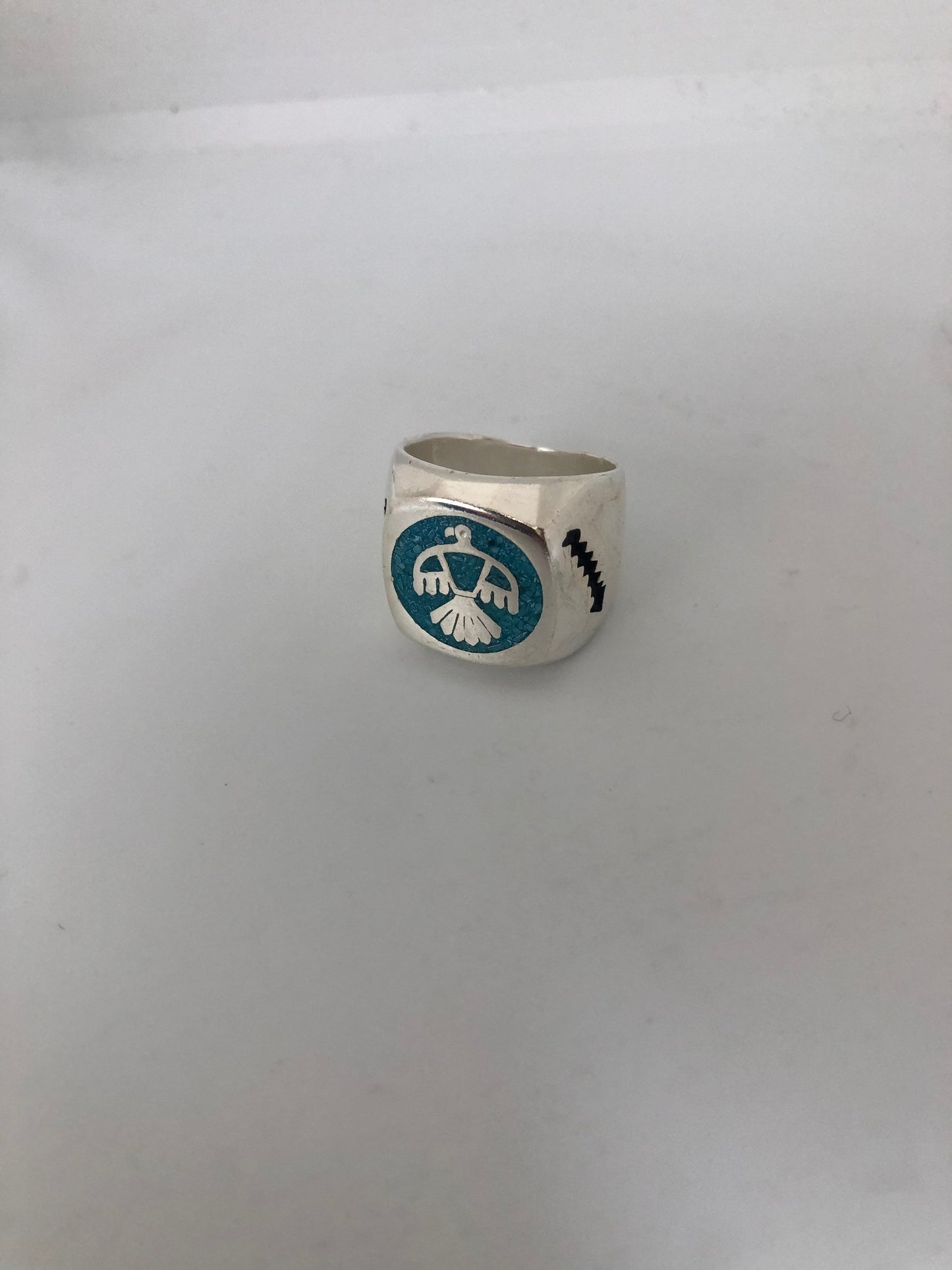 Vintage Thunderbird Ring Native American Style Southwestern Turquoise Stone Inlay Mens Ring