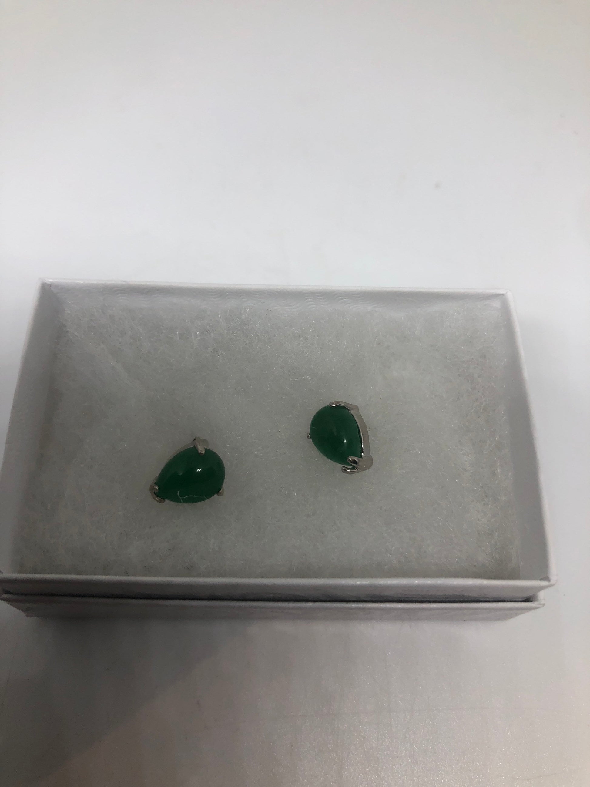 Vintage Fun Green Jade Gemstone Silver Bronze Stud Earrings