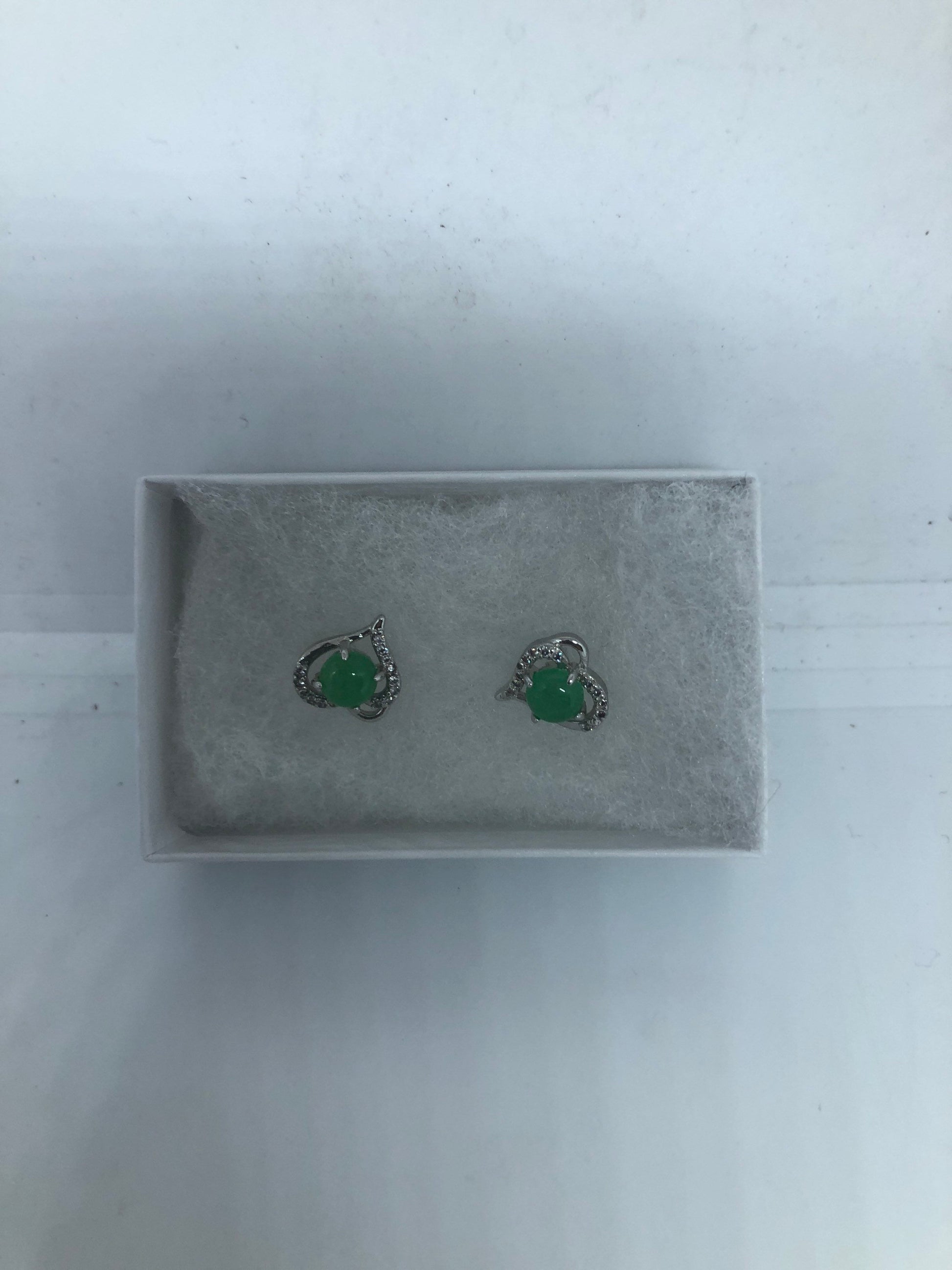 Vintage Fun Green Jade Gemstone Silver Bronze Stud Earrings