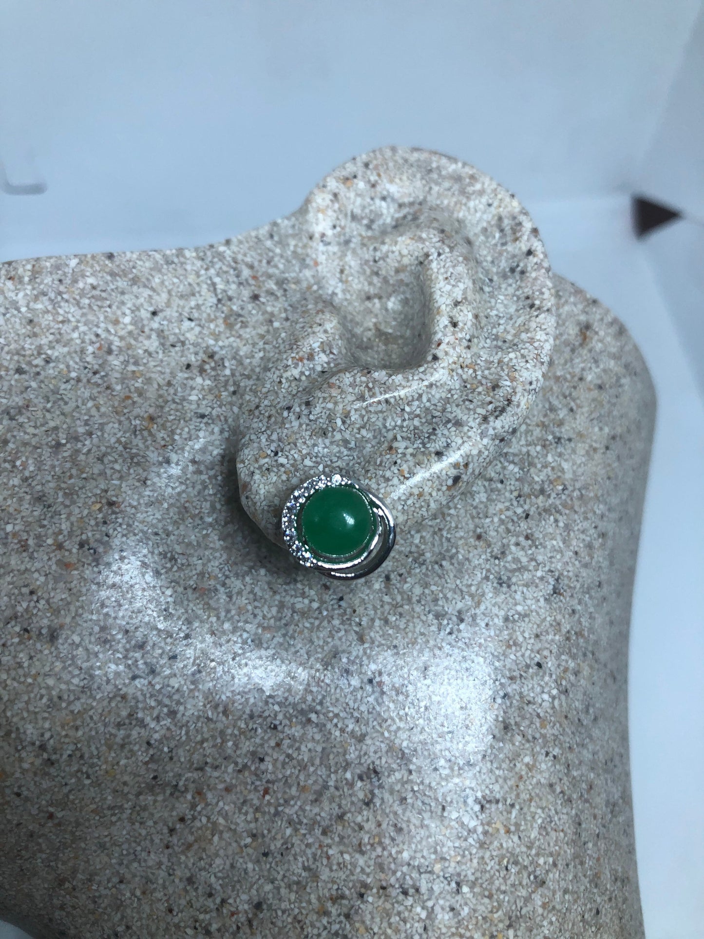 Vintage Fun Green Jade Gemstone Silver Bronze Stud Earrings