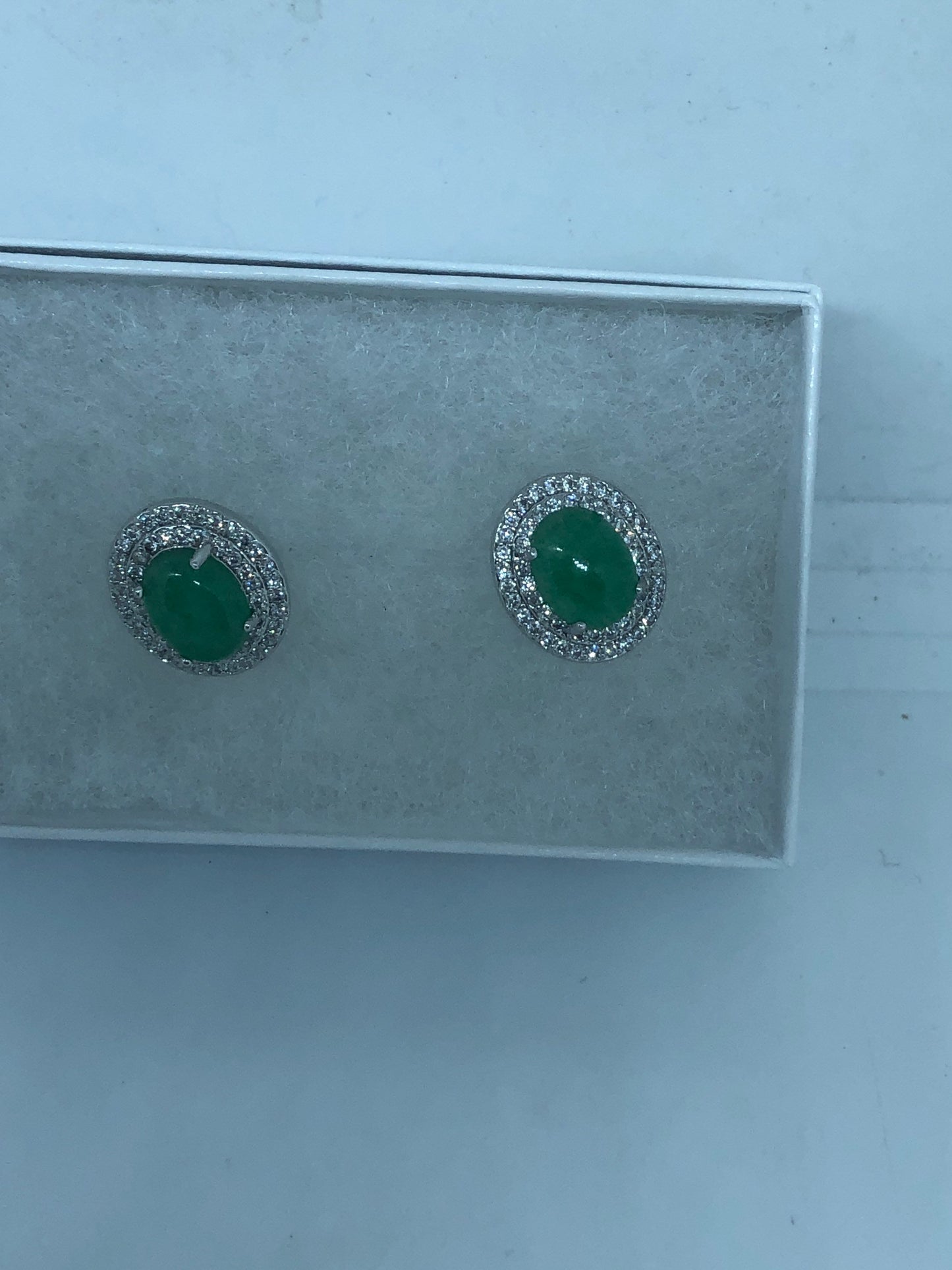 Vintage Fun Green Jade Gemstone Silver Bronze Stud Earrings