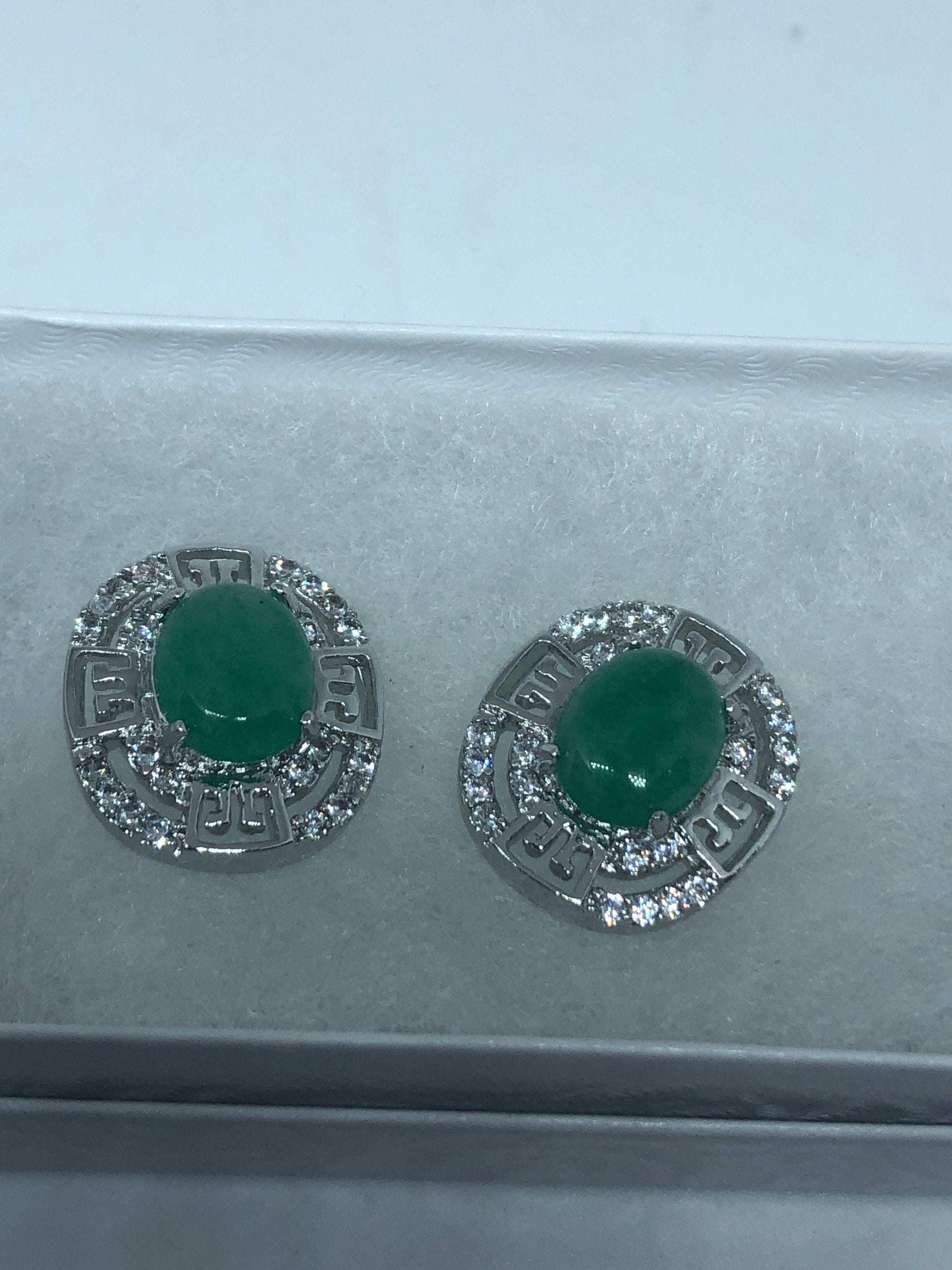 Vintage Fun Green Jade Gemstone Silver Bronze Stud Earrings