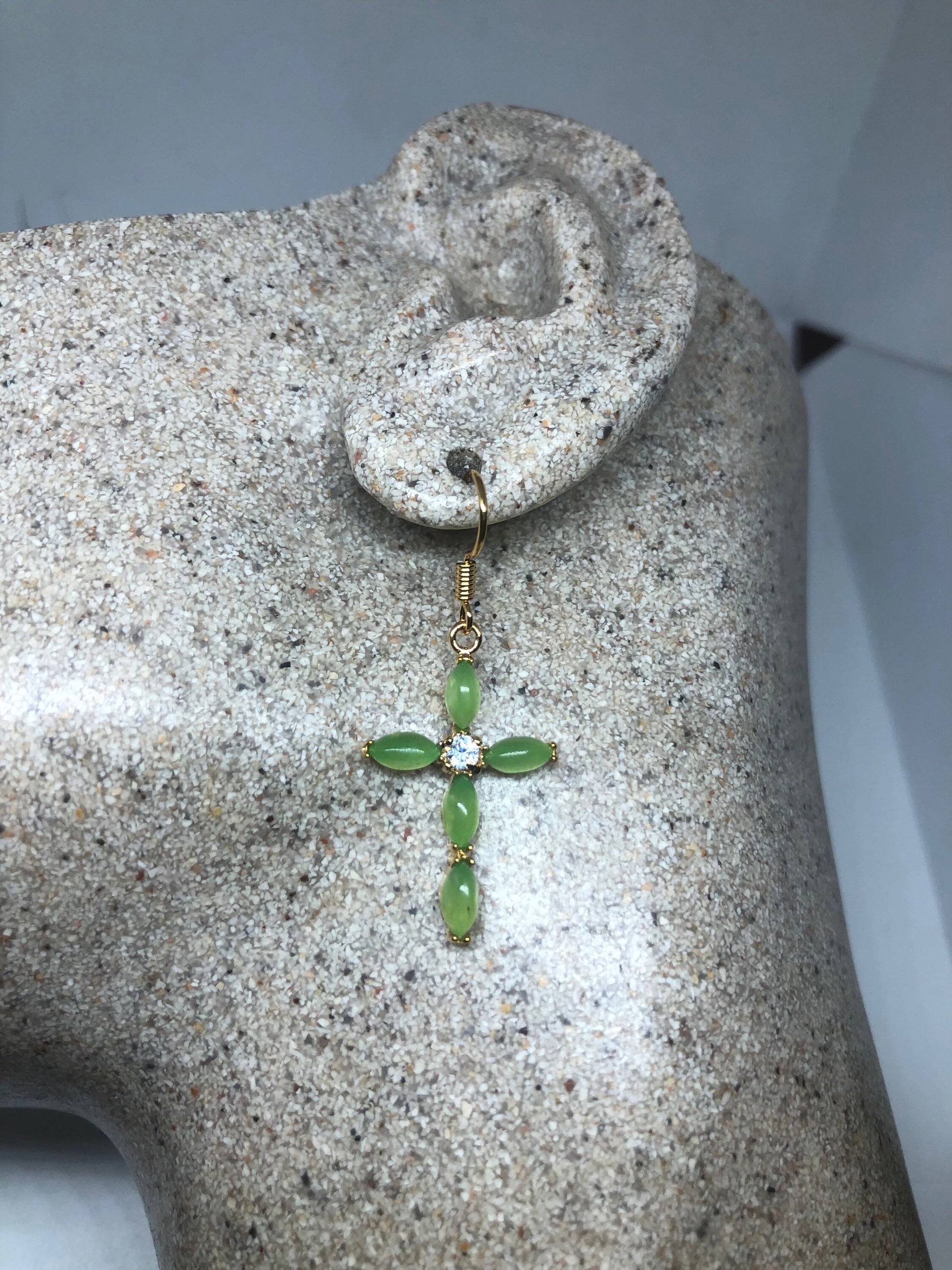 Vintage Gemstone Cross Earrings - Fun Green Jade Silver