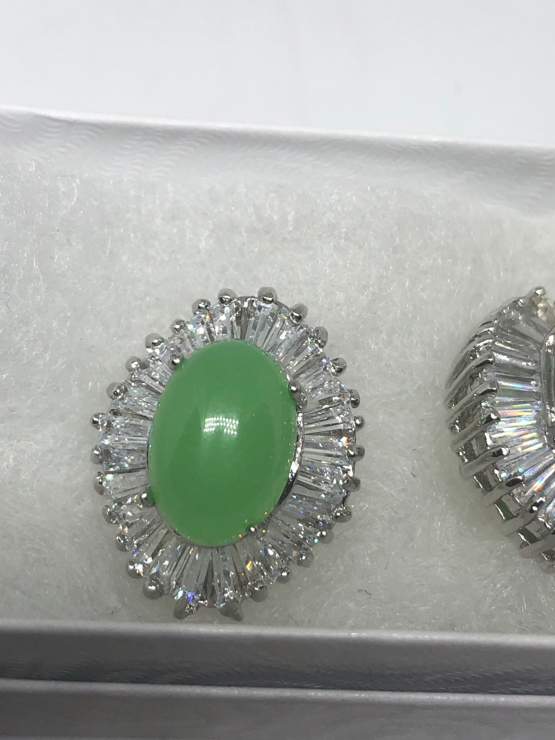 Vintage Fun Green Jade Gemstone Silver Bronze Stud Earrings