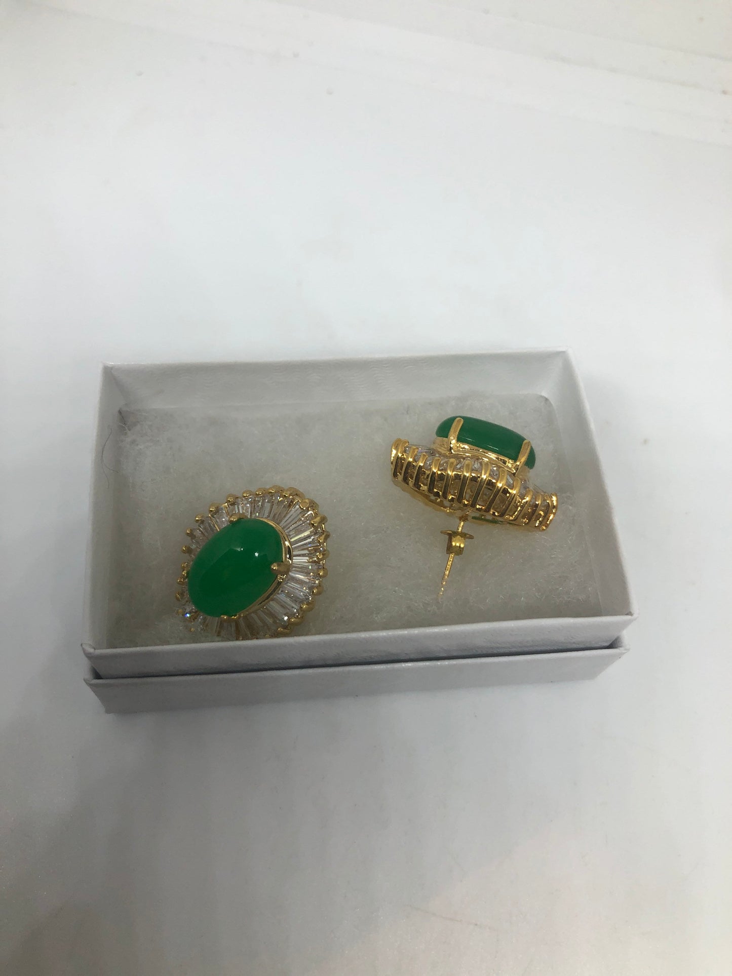 Vintage Fun Green Jade Gemstone Gold Rhodium Bronze Stud Earrings