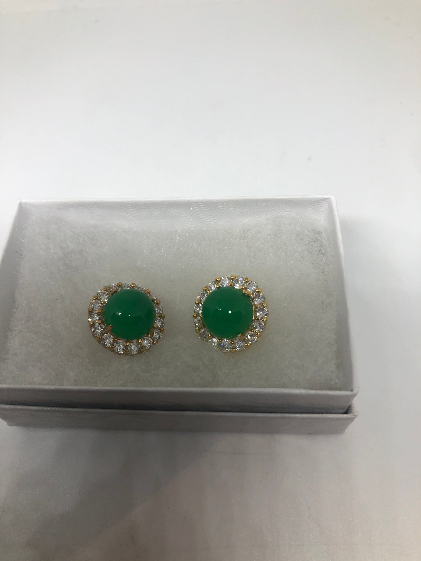 Vintage Fun Green Jade Gemstone Gold Rhodium Bronze Stud Earrings