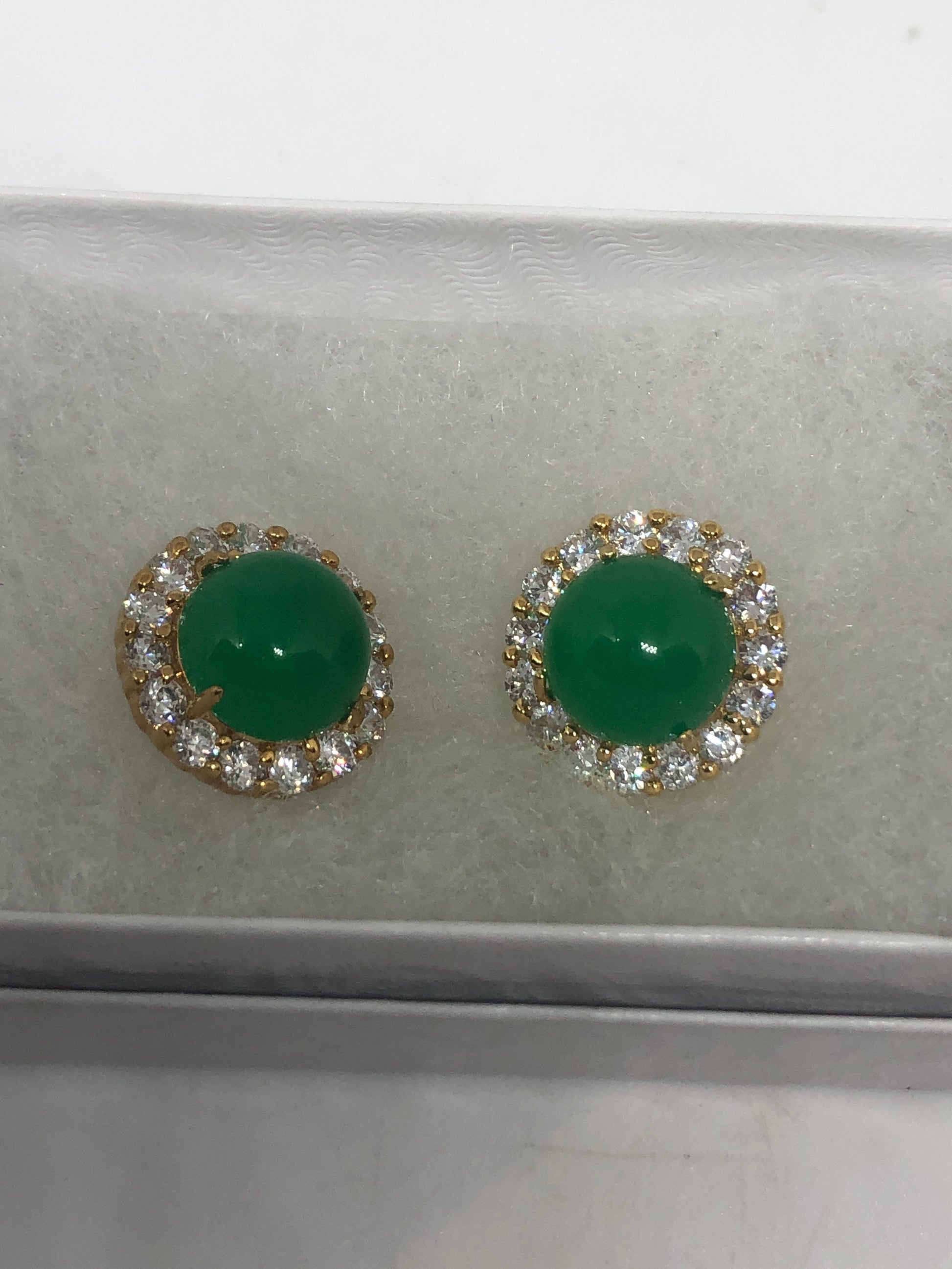 Vintage Fun Green Jade Gemstone Gold Rhodium Bronze Stud Earrings