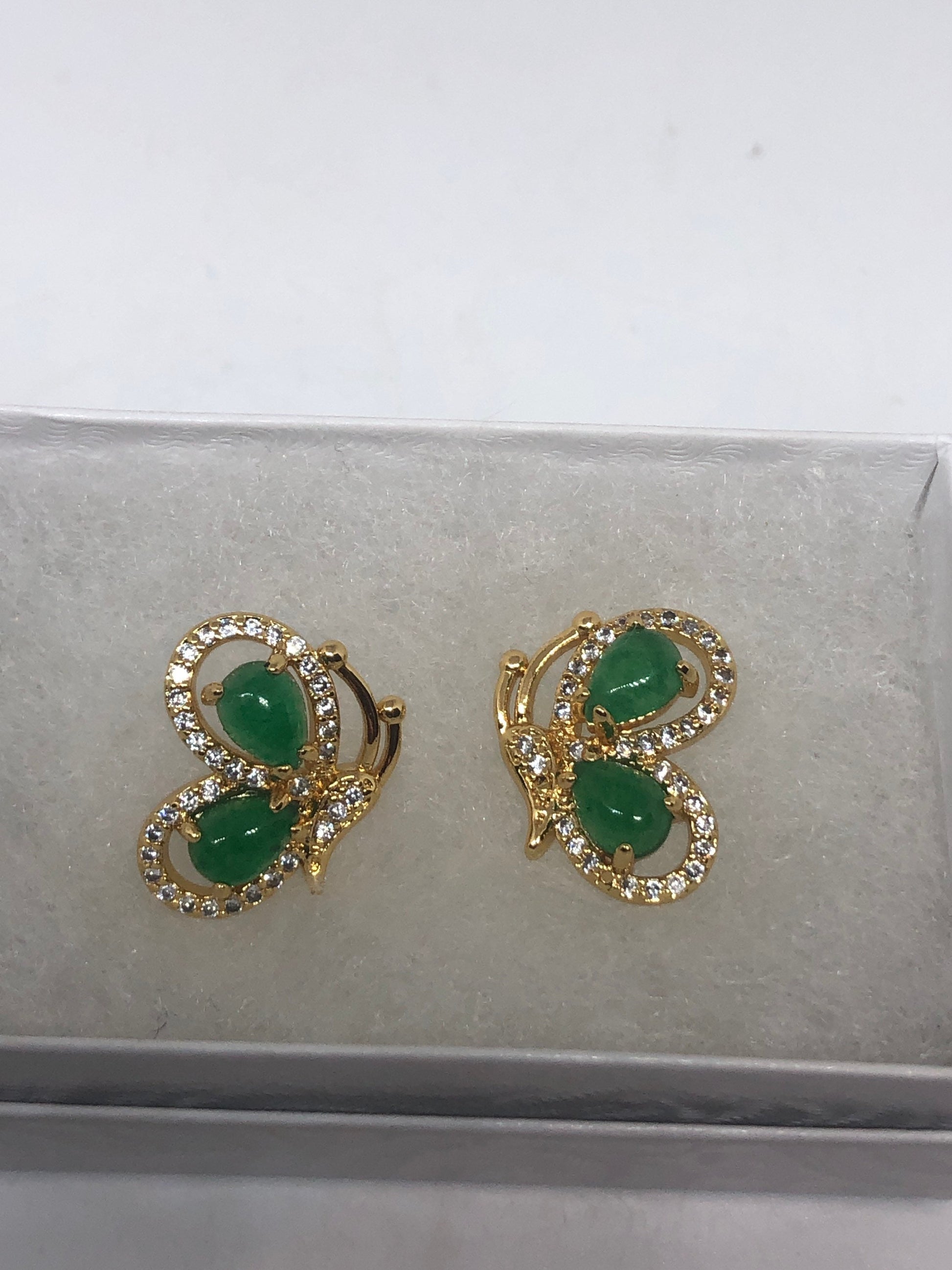 Vintage Fun Green Jade Gemstone Gold Rhodium Bronze Stud Earrings